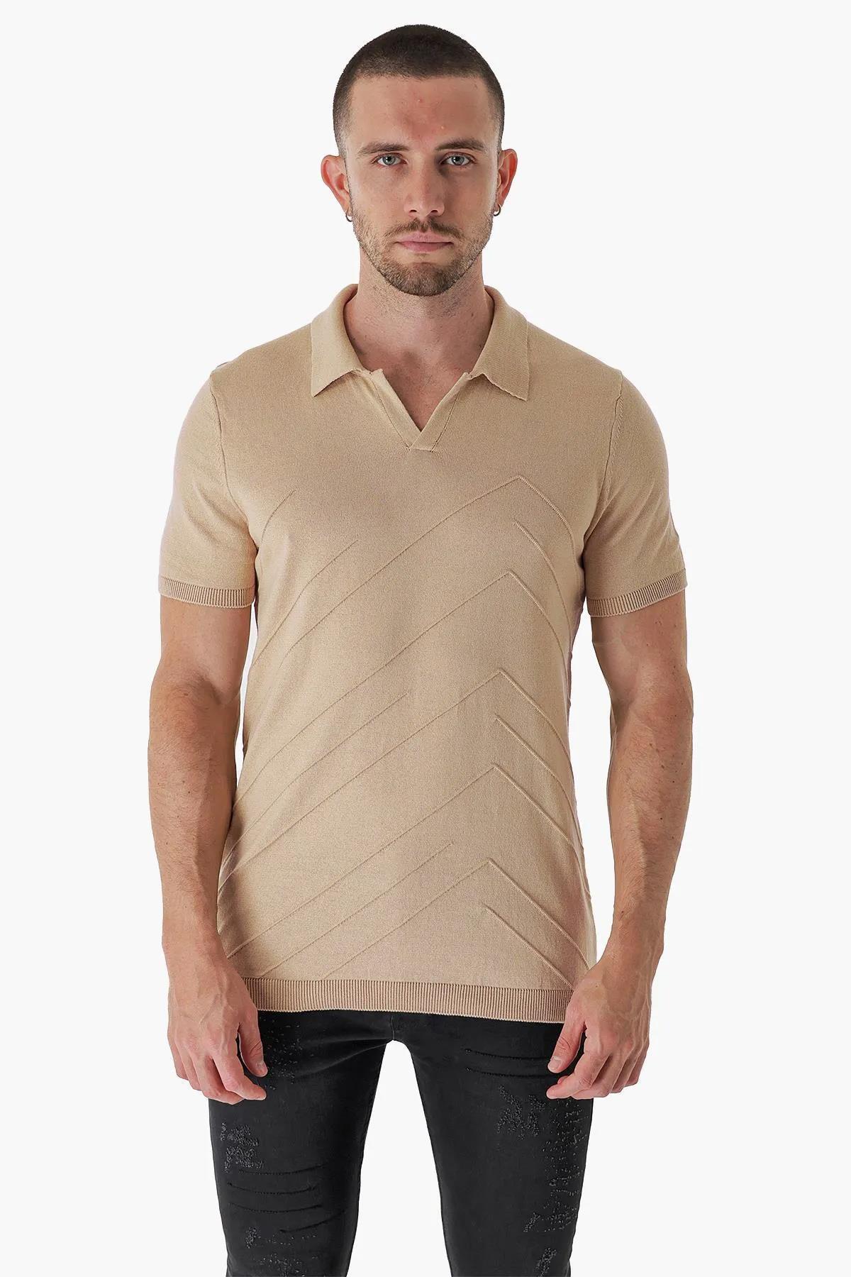 Chuba Erkek Polo Yaka Örgü Detaylı Pamuklu İnce Spor Triko T-Shirt Taba 23S2010