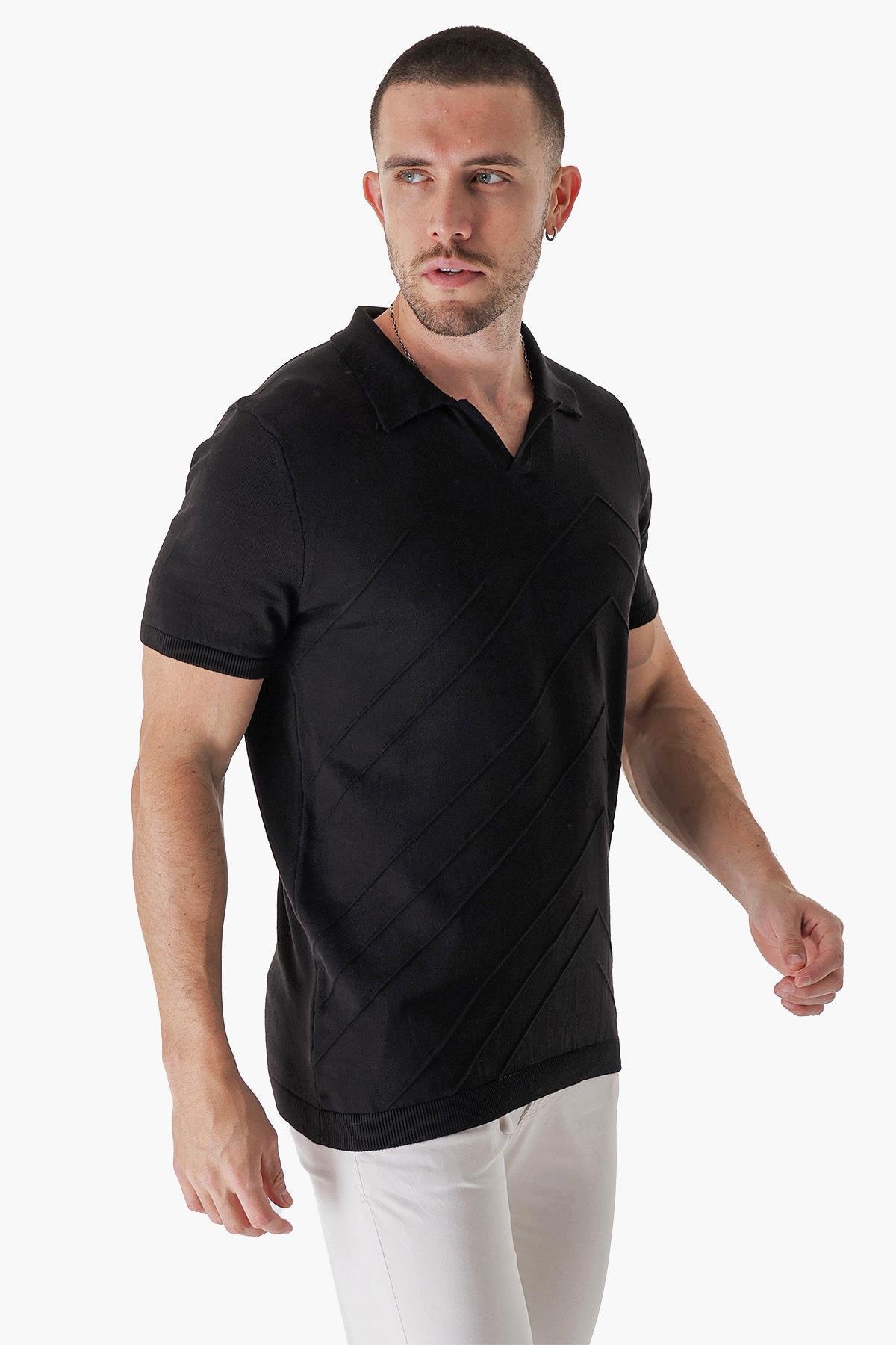 Chuba Erkek Polo Yaka Örgü Detaylı Pamuklu İnce Spor Triko T-Shirt Siyah 23S2010