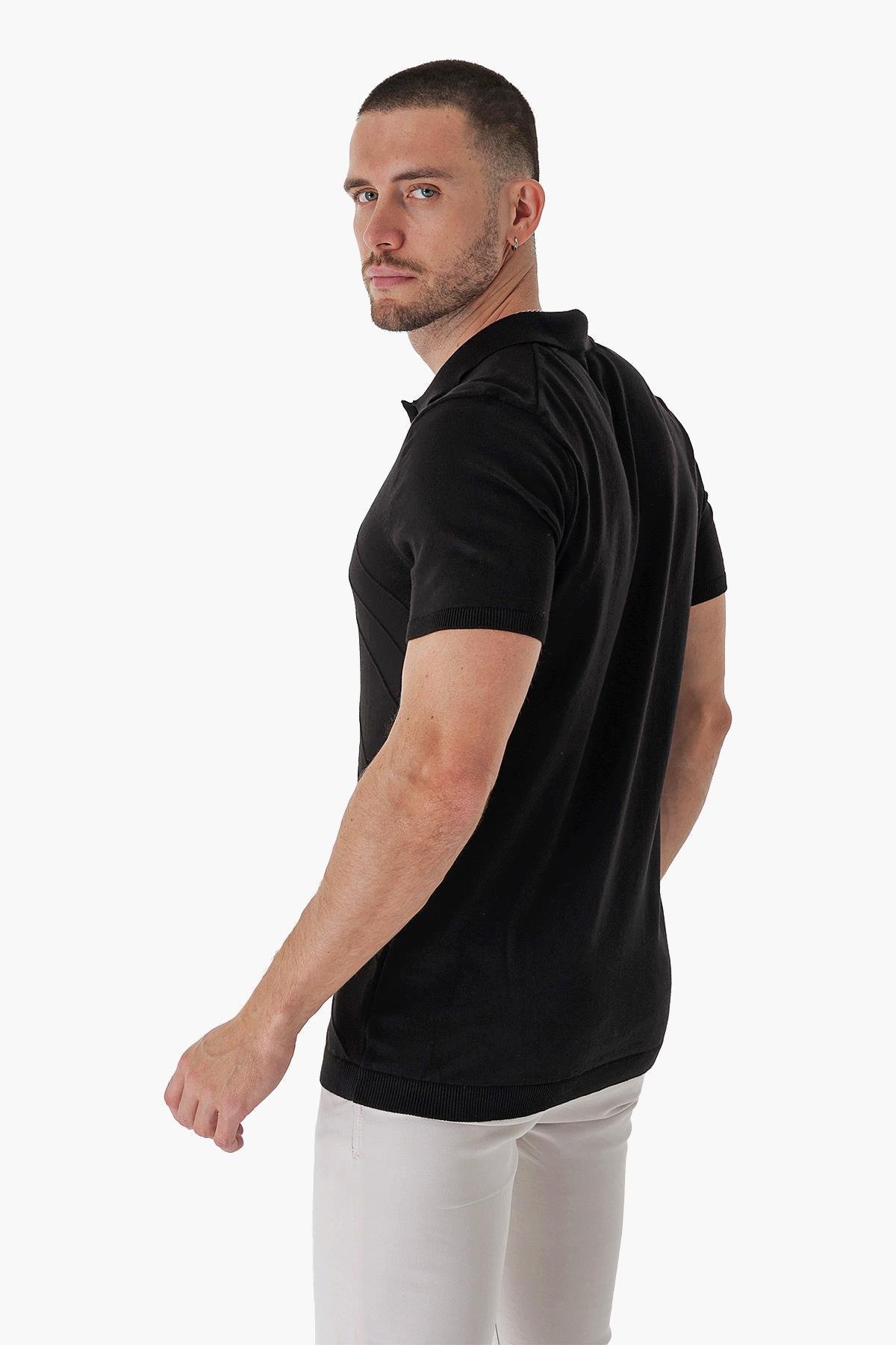 Chuba Erkek Polo Yaka Örgü Detaylı Pamuklu İnce Spor Triko T-Shirt Siyah 23S2010