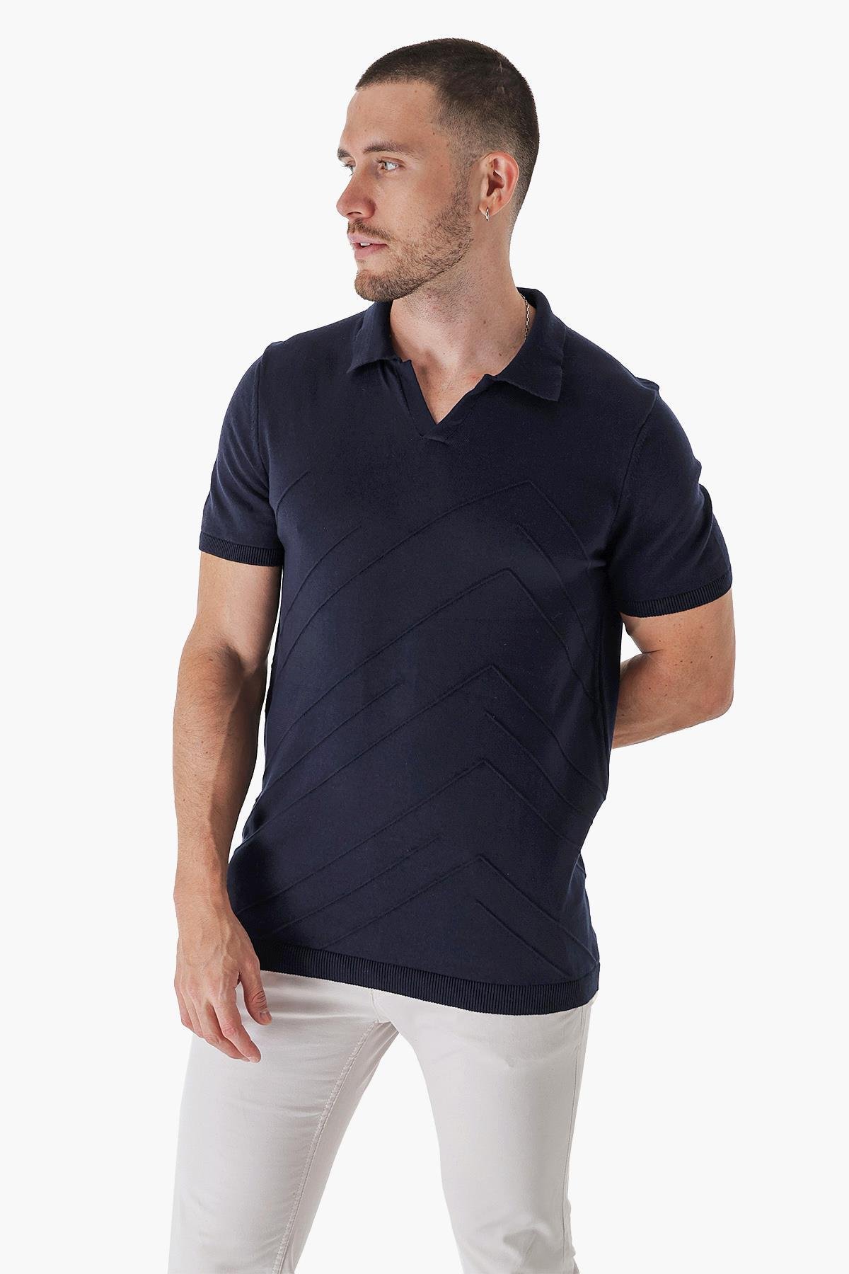 Chuba Erkek Polo Yaka Örgü Detaylı Pamuklu İnce Spor Triko T-Shirt Lacivert 23S2010