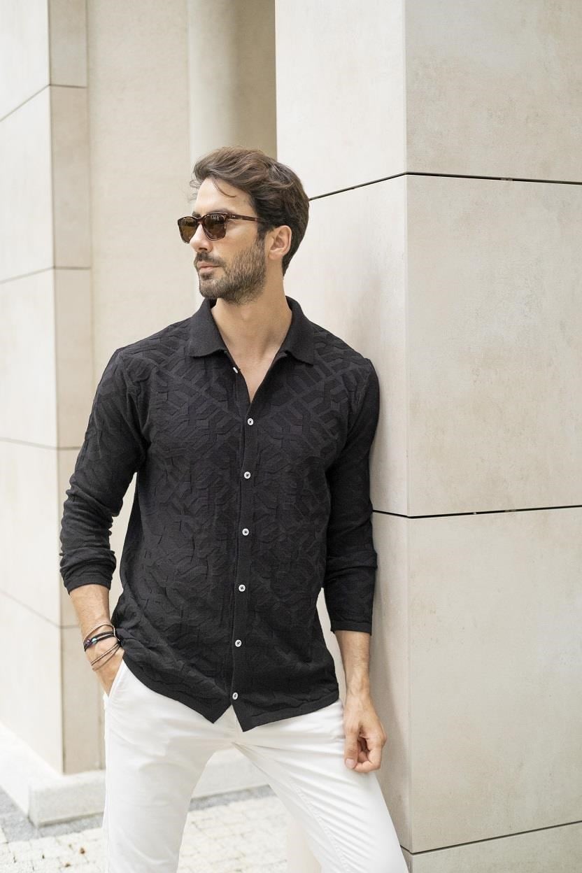 CHUBA Erkek Regular Fit Desenli Uzun Kollu Triko Gömlek Siyah 23W211