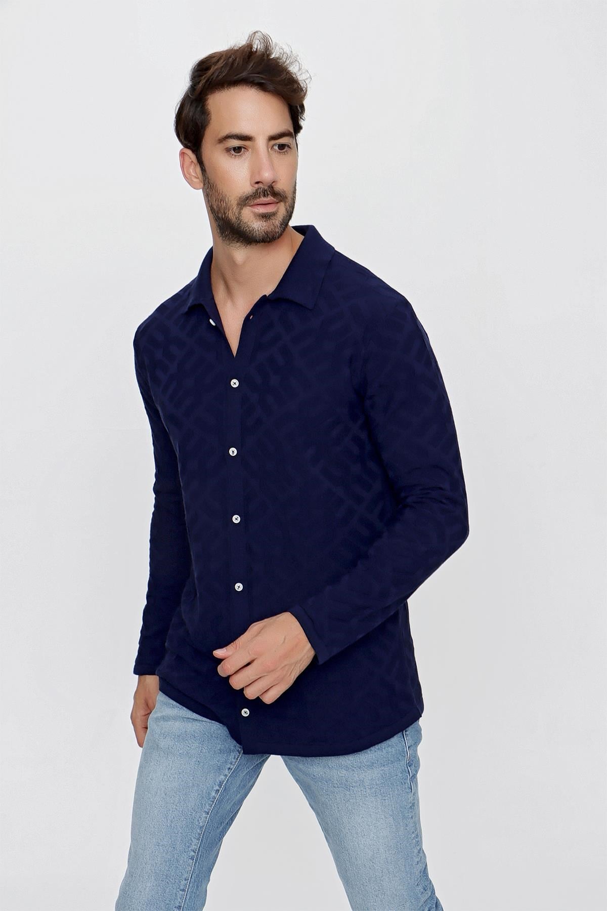 CHUBA Erkek Regular Fit Desenli Uzun Kollu Triko Gömlek Lacivert 23W211