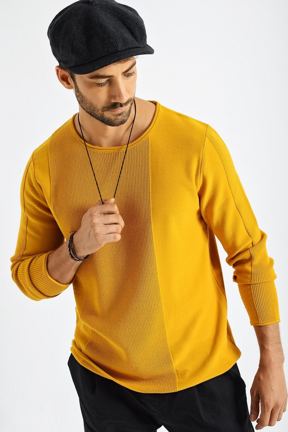 Chuba Erkek Roll Yaka Panel Desen İnce Spor Triko Kazak 21W306