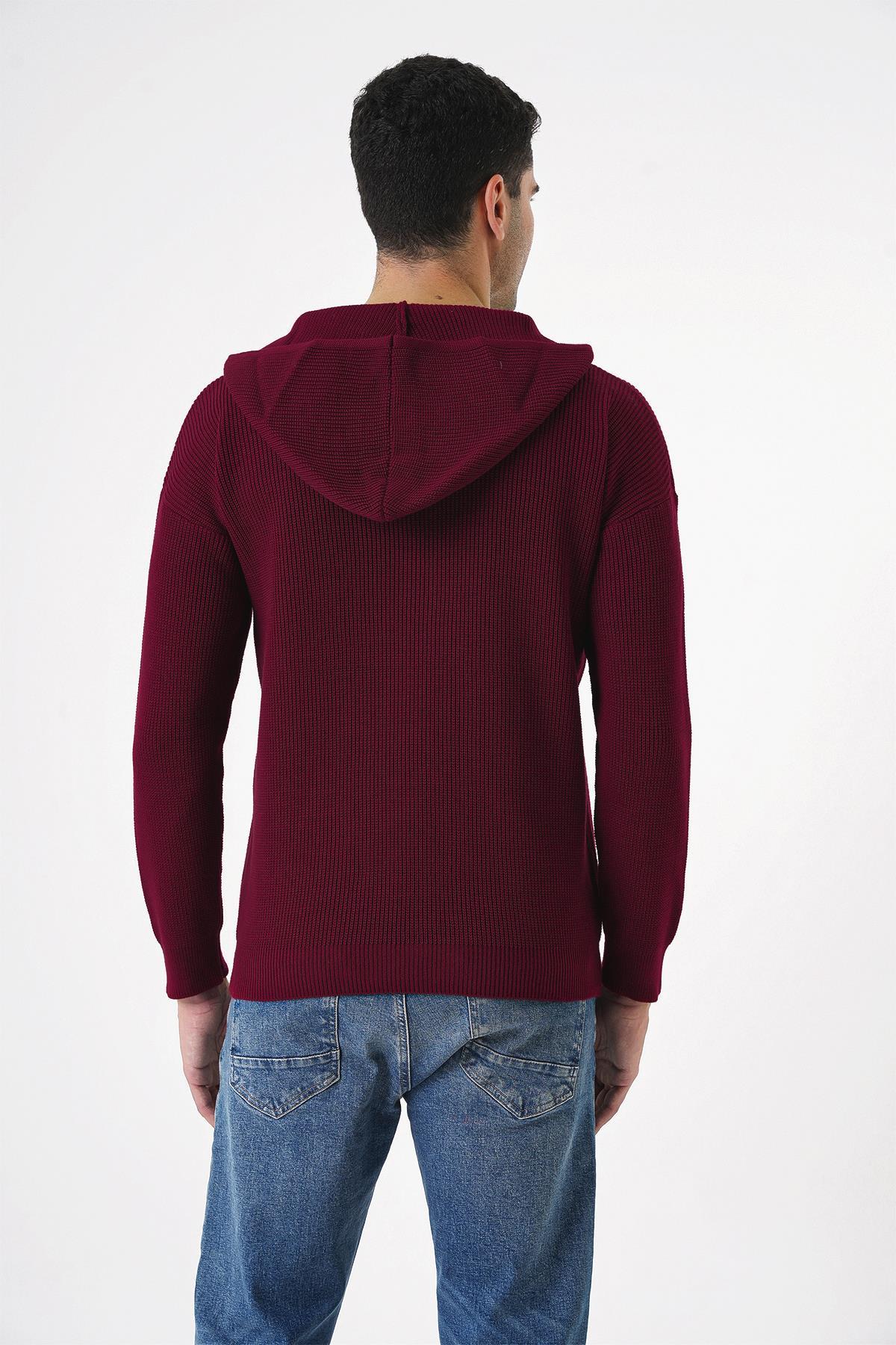 Chuba Erkek Selanik Örgü Kapüşonlu Ve Cepli Standart Kesim Triko Kazak Bordo 25W2002