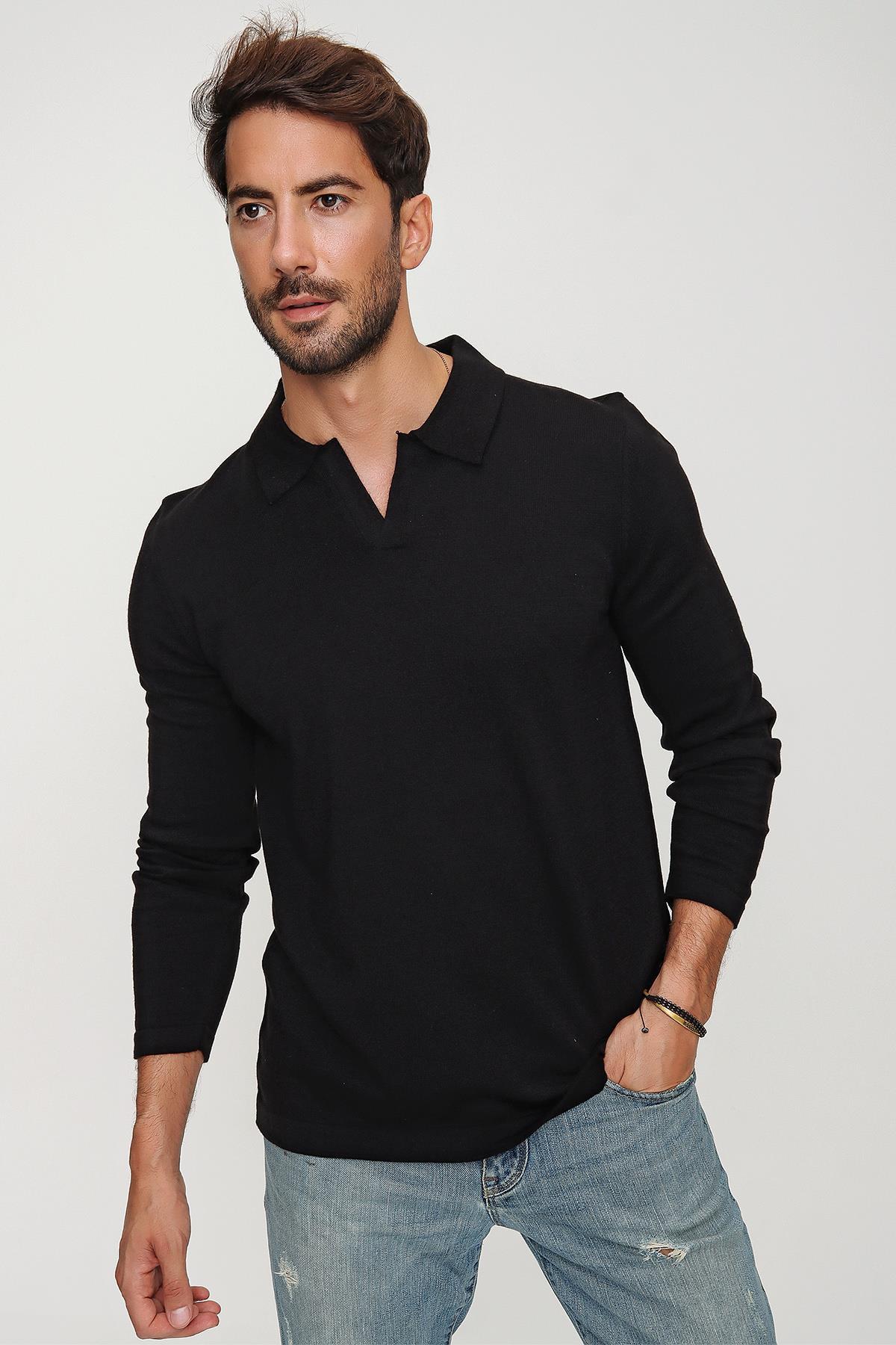 Chuba Erkek Siyah Reddington Polo Yaka Uzun Kollu İnce Triko Kazak 22W403