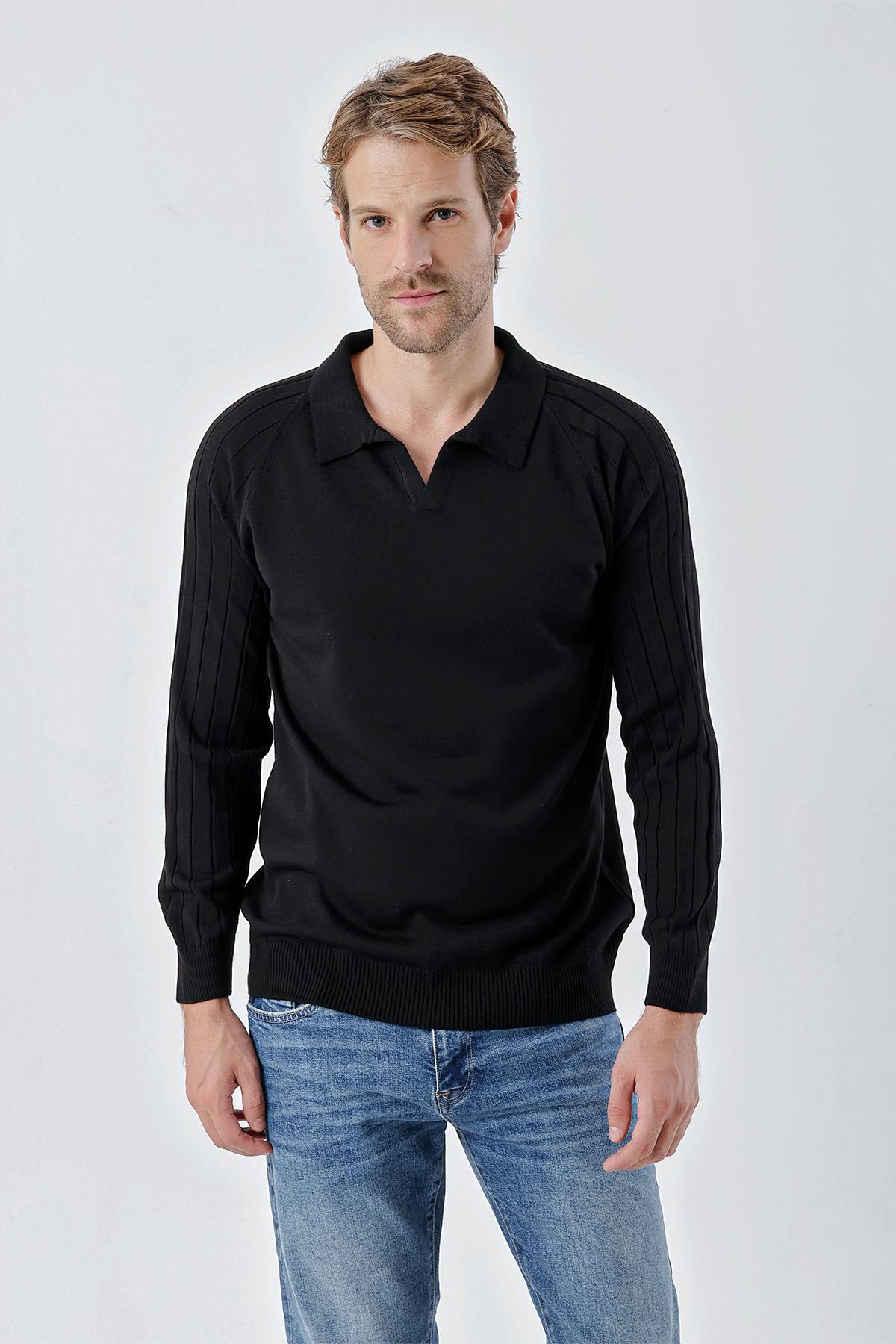 Chuba Erkek Standart Fit Reglan Kol Polo Yaka Triko Kazak Siyah 24W210