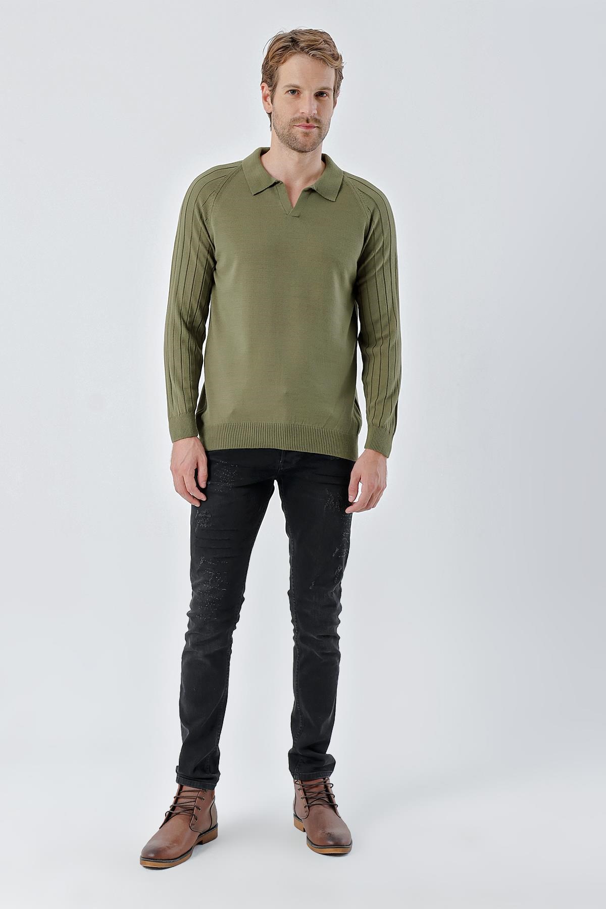 Chuba Erkek Standart Fit Reglan Kol Polo Yaka Triko Kazak Haki 24W210