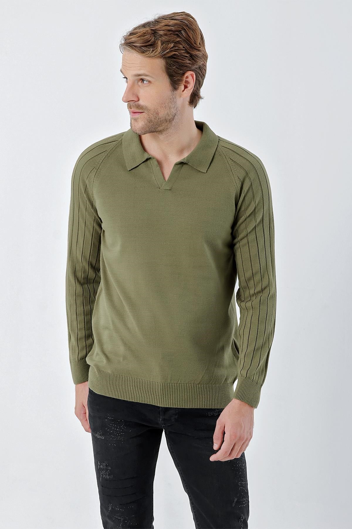 Chuba Erkek Standart Fit Reglan Kol Polo Yaka Triko Kazak Haki 24W210