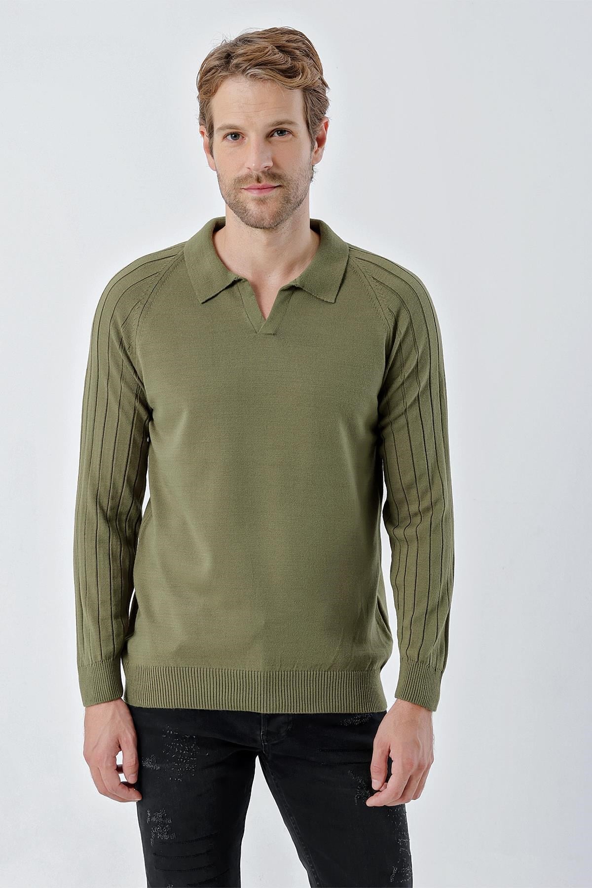 Chuba Erkek Standart Fit Reglan Kol Polo Yaka Triko Kazak Haki 24W210