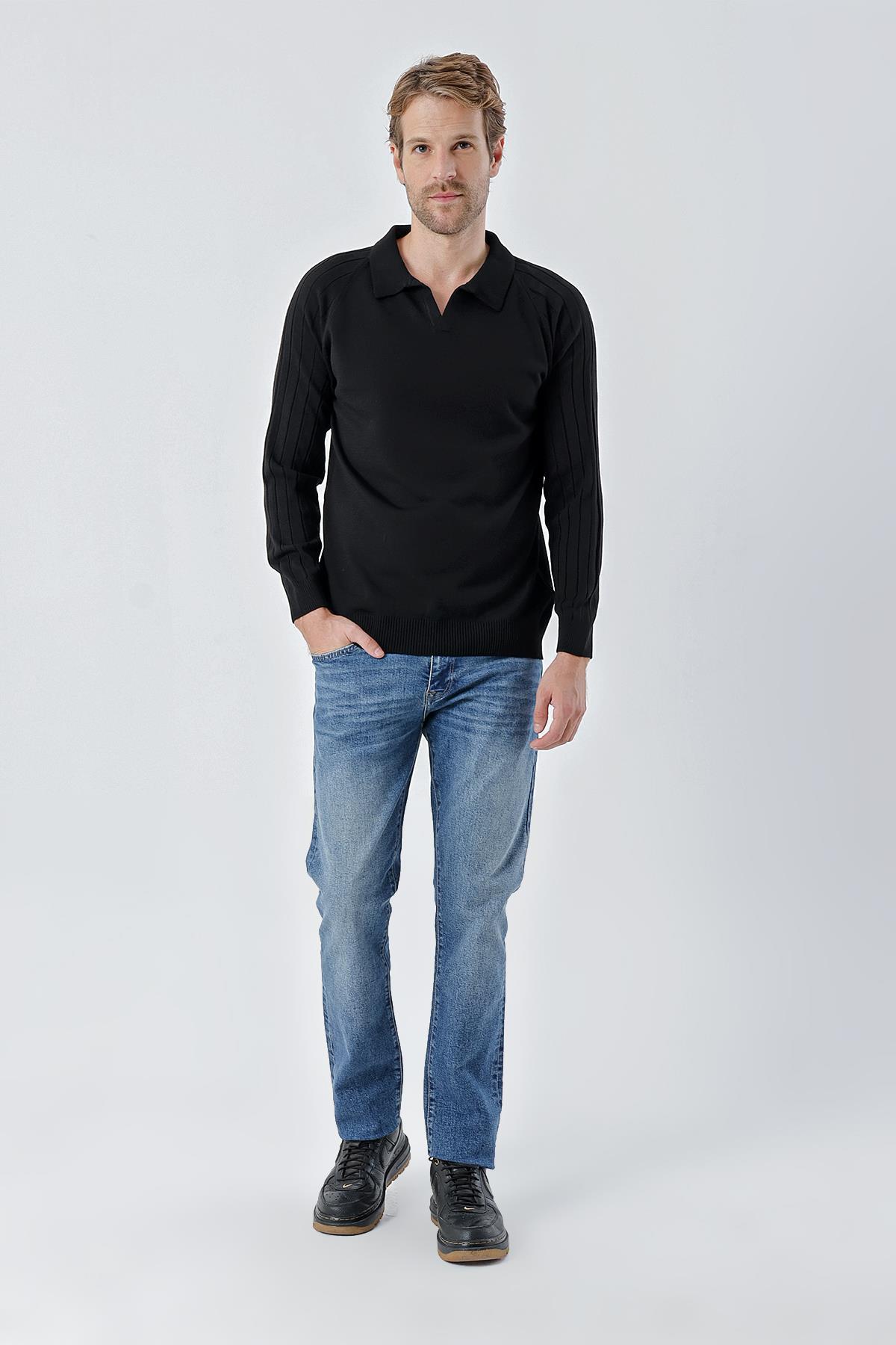 Chuba Erkek Standart Fit Reglan Kol Polo Yaka Triko Kazak Siyah 24W210