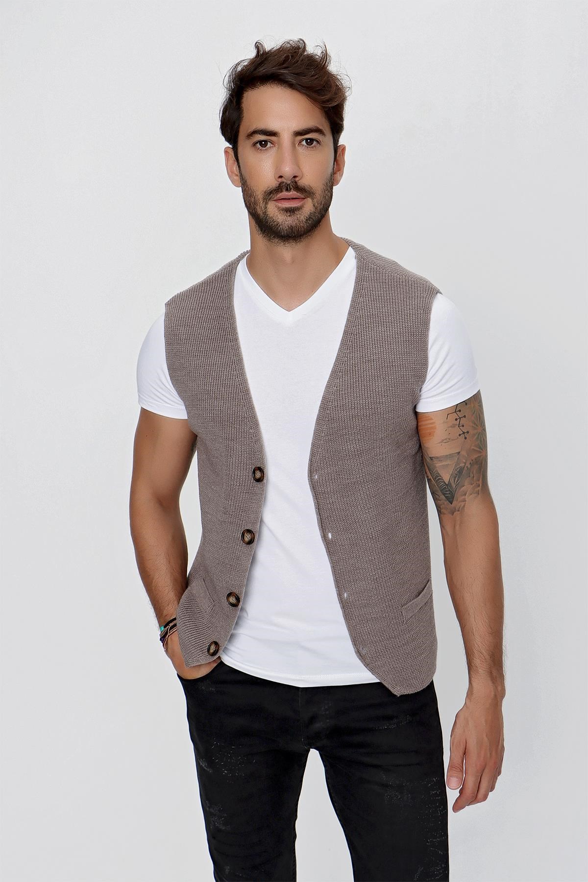 CHUBA Erkek Süs Cepli Regular Fit Triko Yelek Vizon 23W218