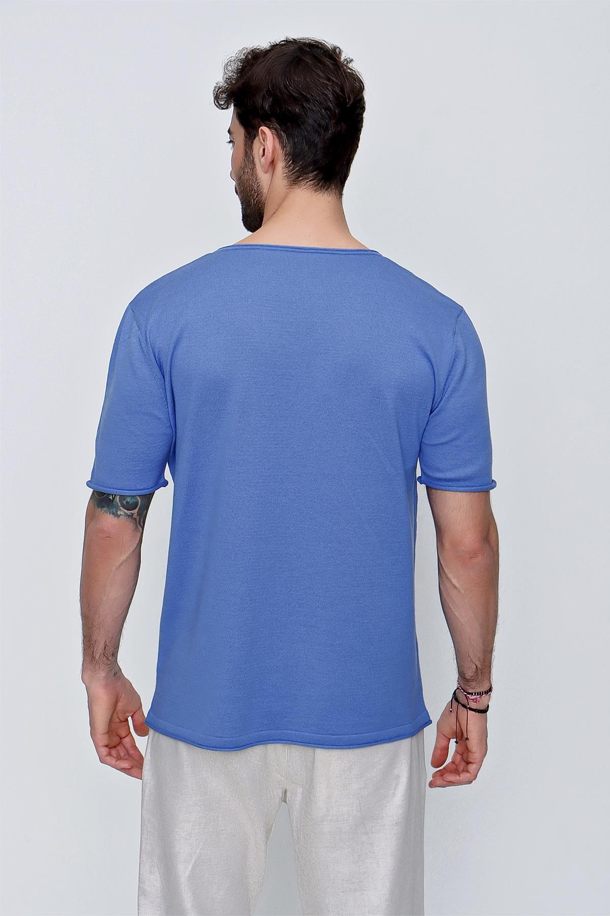 Chuba Erkek V Yaka Loose Fit Pamuklu İnce Triko T-Shirt İndigo  22SM204