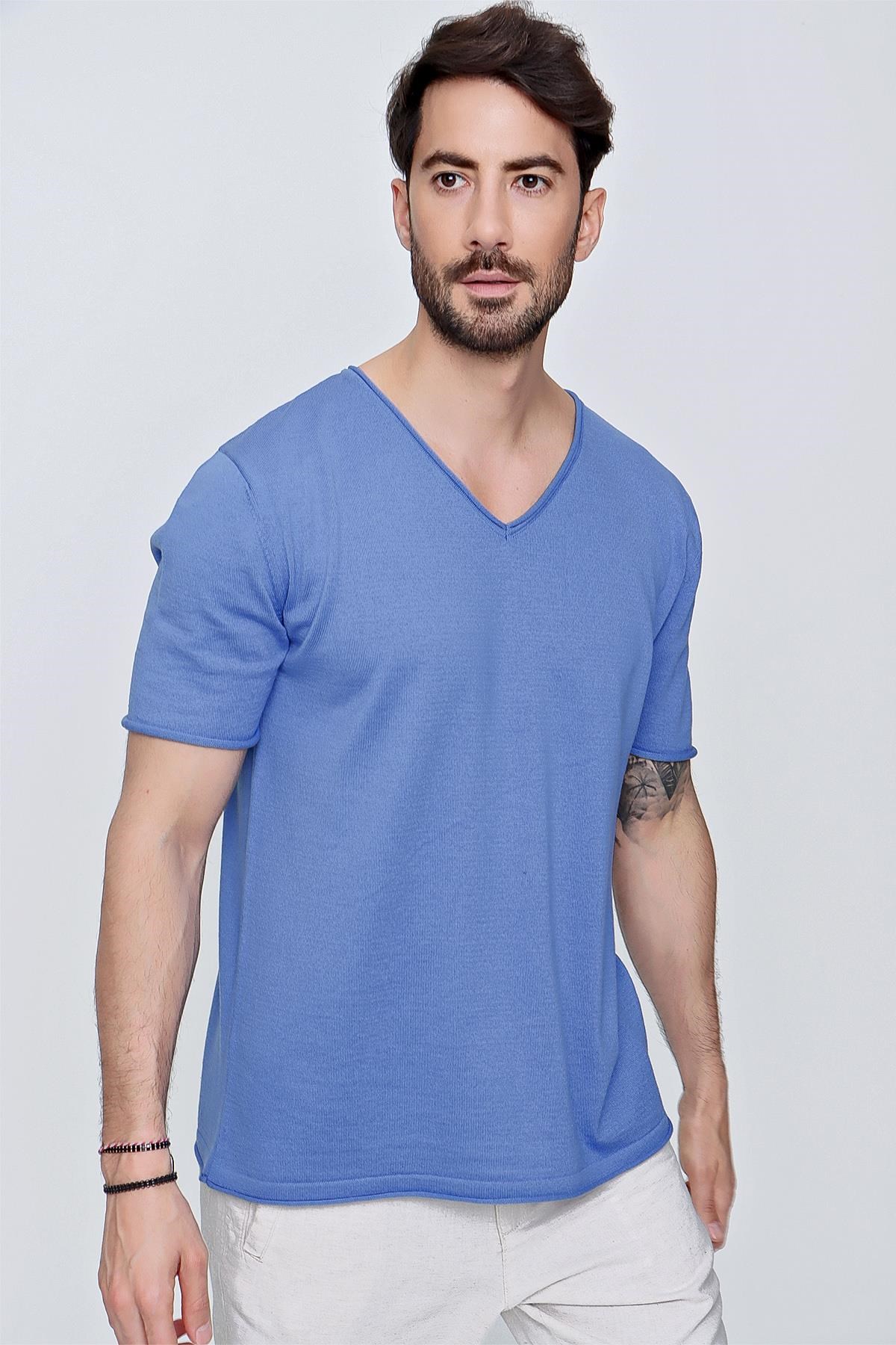 Chuba Erkek V Yaka Loose Fit Pamuklu İnce Triko T-Shirt İndigo  22SM204