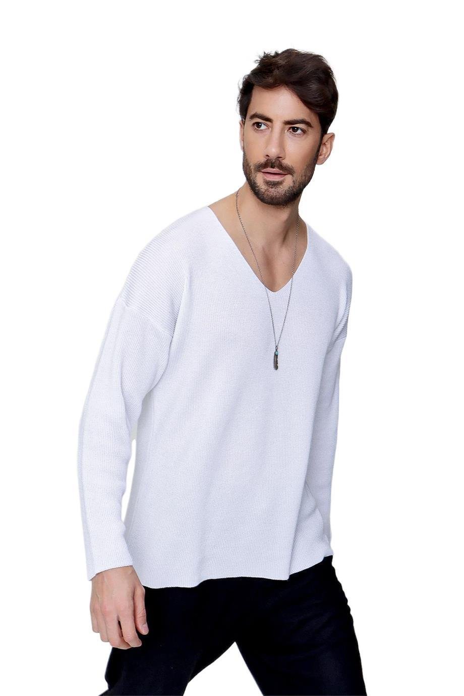 Chuba Erkek V Yaka Pamuklu Salaş Triko Kazak Beyaz  22SM212