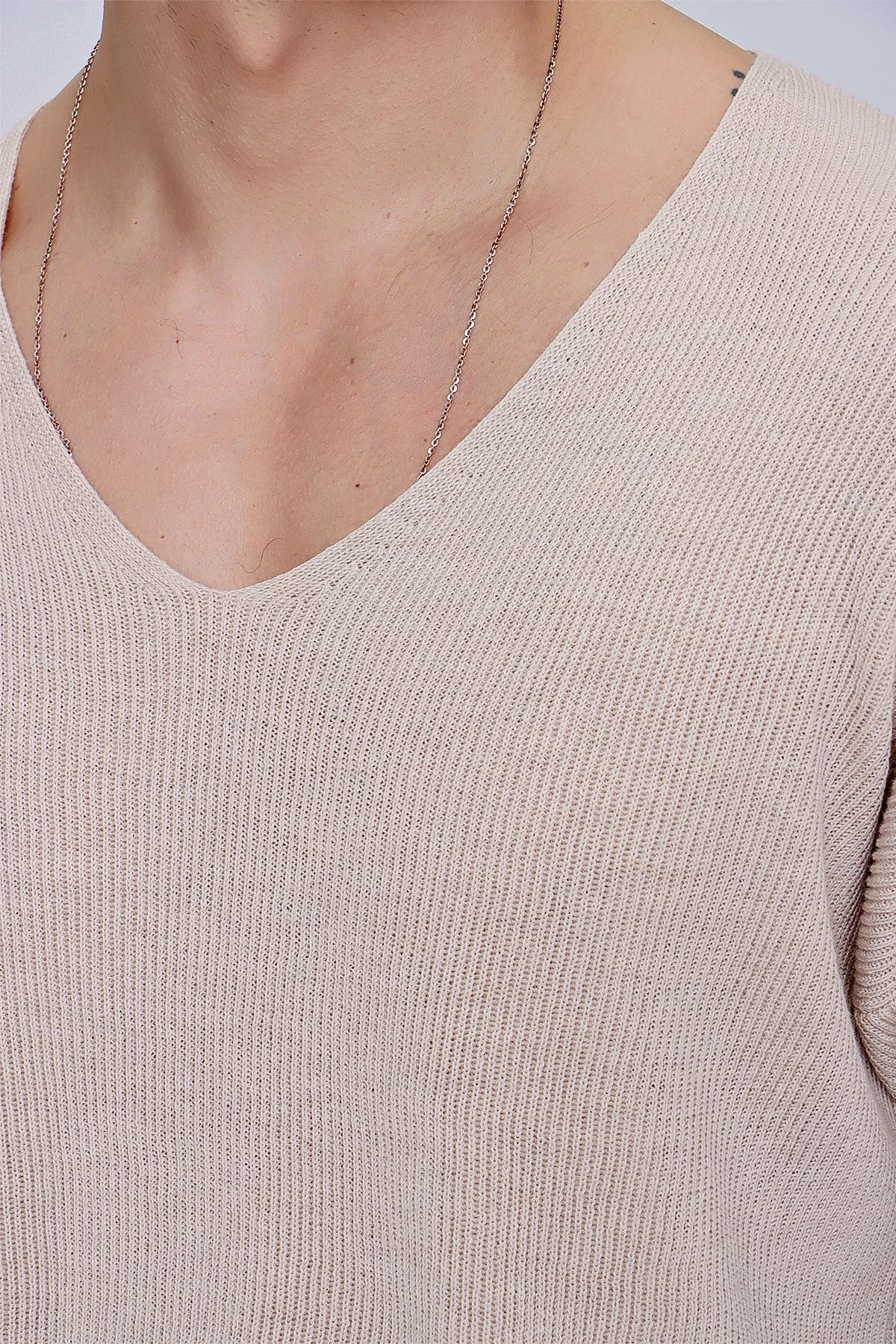 Chuba Erkek V Yaka Pamuklu Salaş Triko Kazak Bej  22SM212