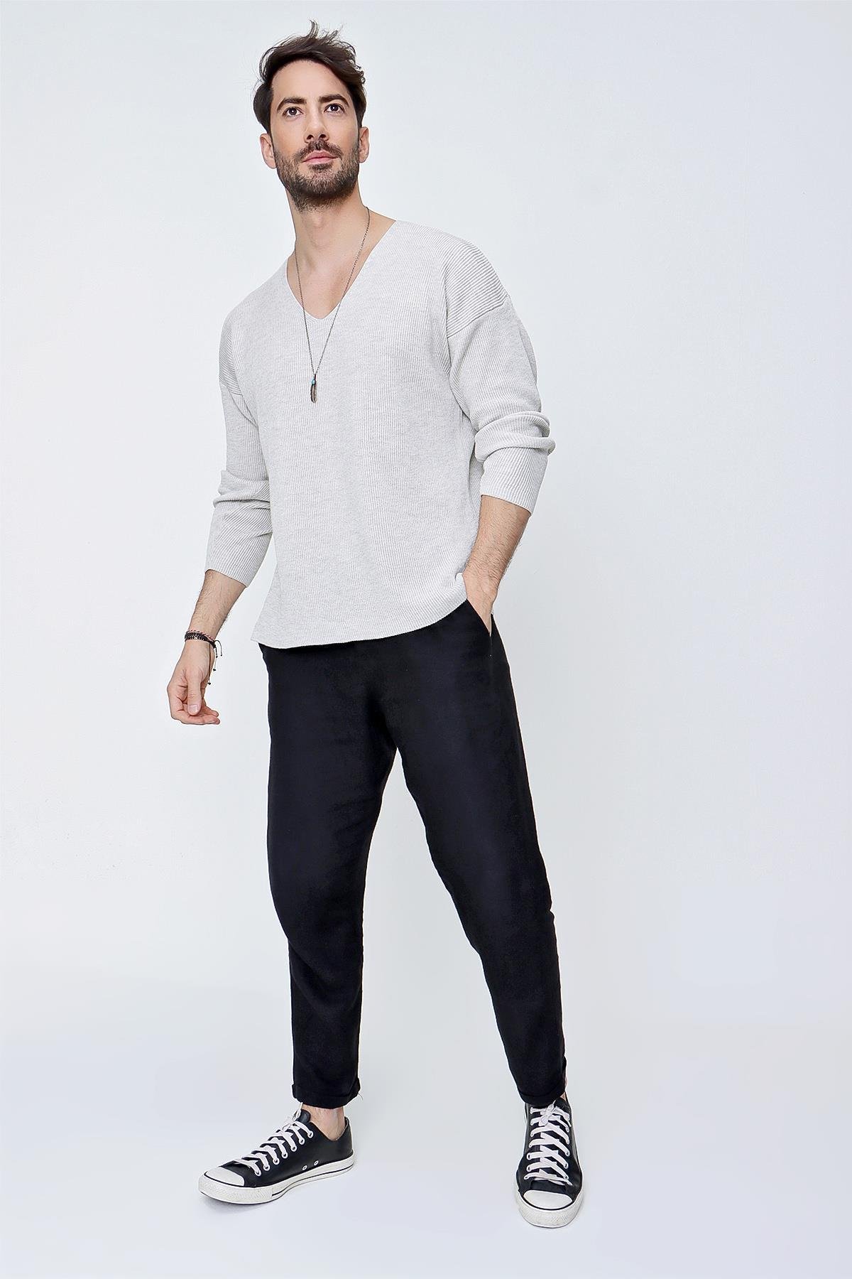 Chuba Erkek V Yaka Pamuklu Salaş Triko Kazak Gri  22SM212