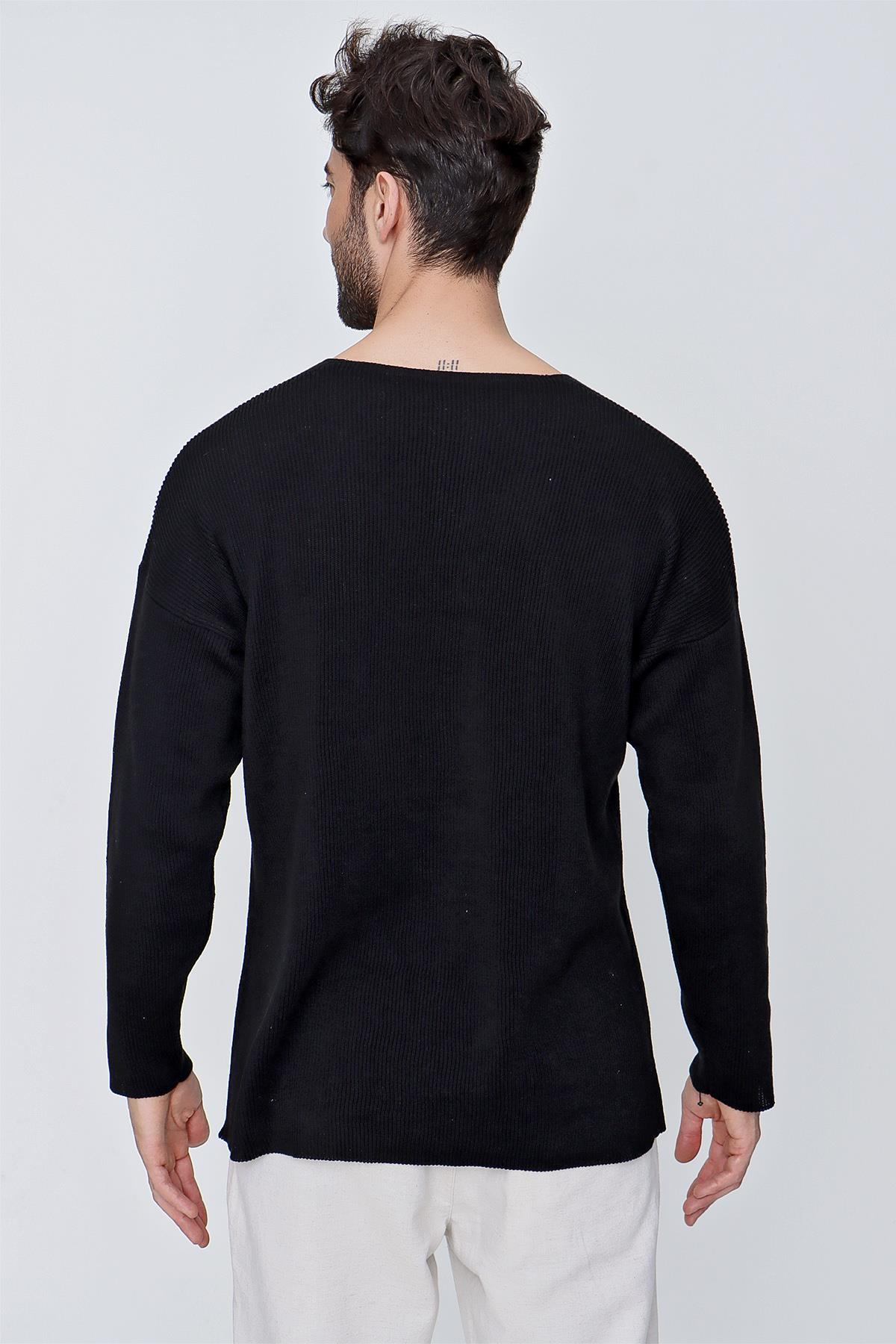 Chuba Erkek V Yaka Pamuklu Salaş Triko Kazak Siyah  22SM212