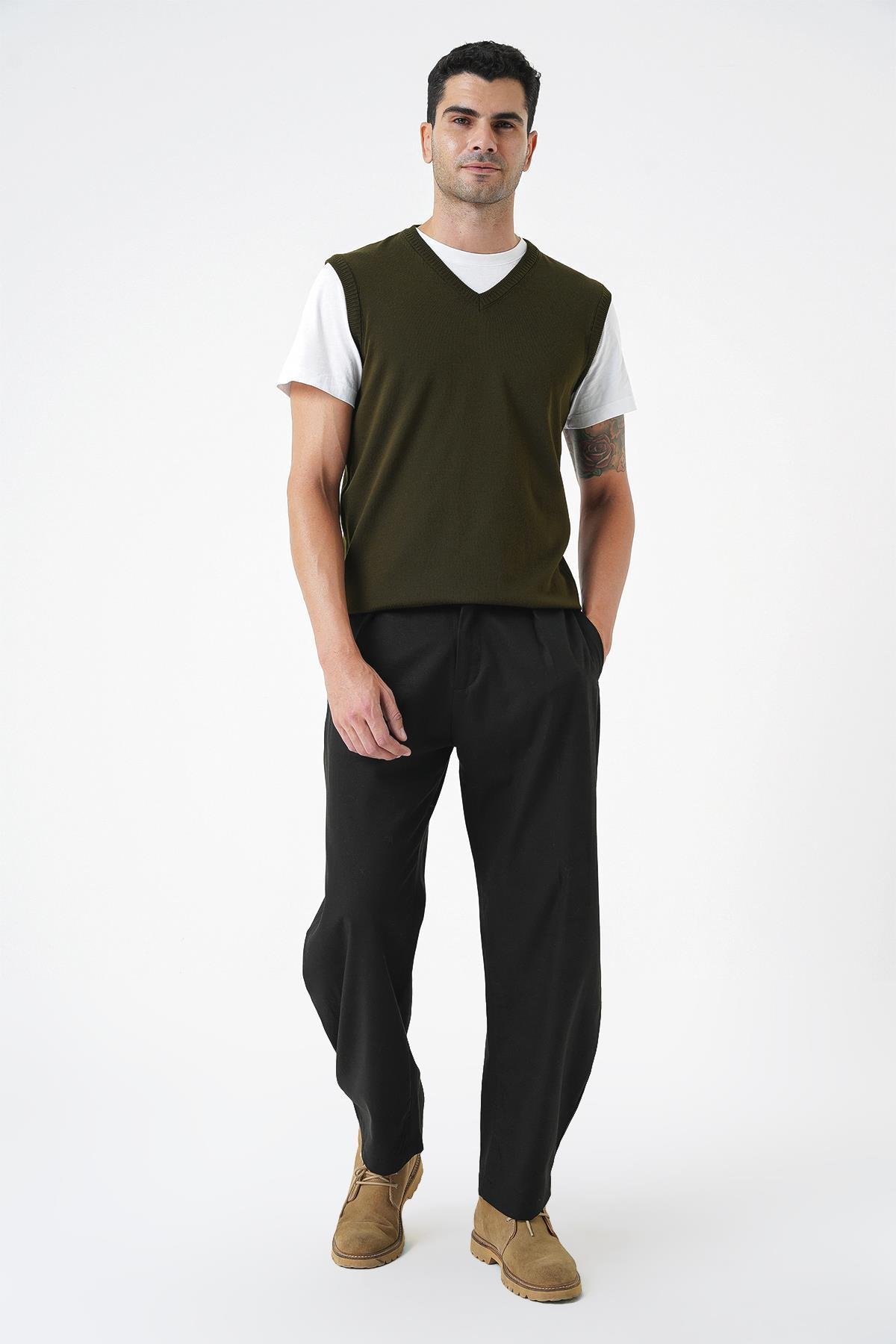 Chuba Erkek V Yaka Regular Fit Triko Süveter Haki 25W2001
