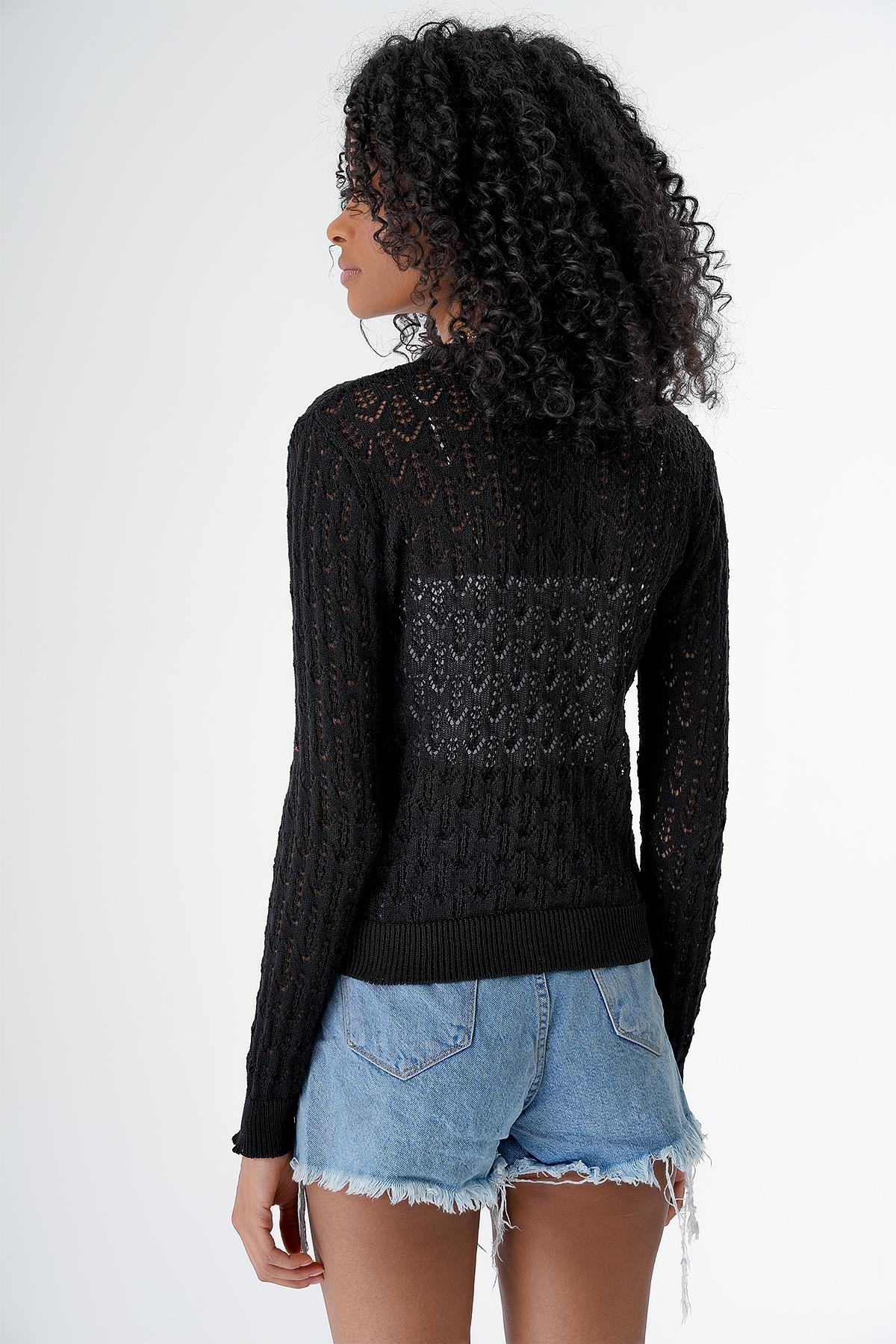 Chuba Kadın Ajurlu V Yaka Düğmeli Trko Hırka Siyah 24S166