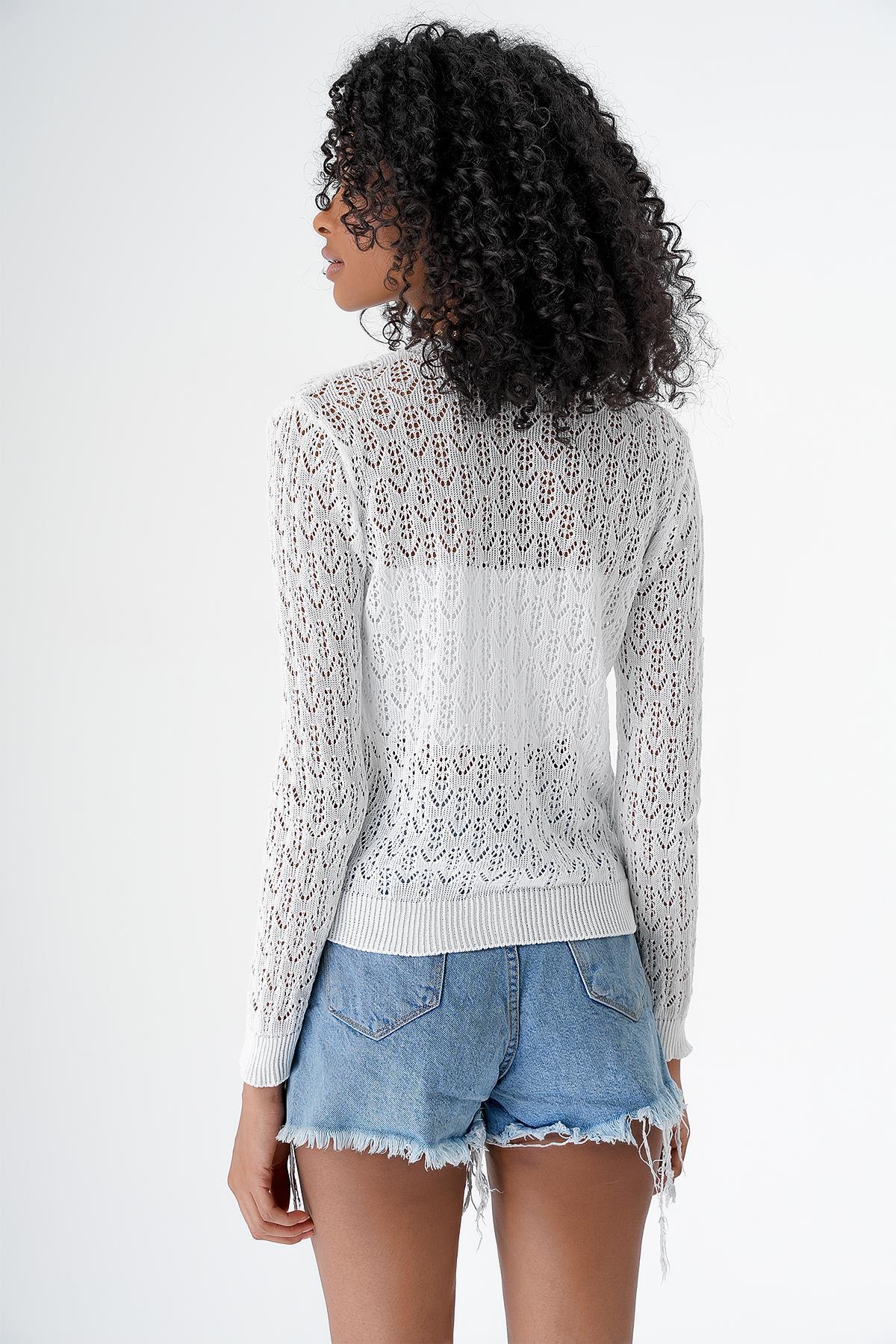 Chuba Kadın Ajurlu V Yaka Düğmeli Trko Hırka Beyaz 24S166