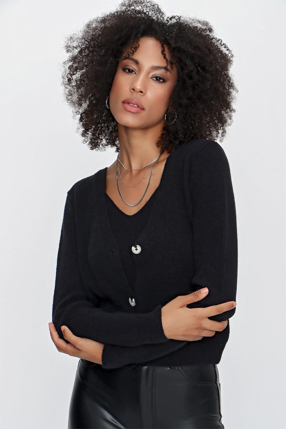 CHUBA Kadın Askılı Atlet - Hırka Melanj İkili Triko Takım Siyah 23W317