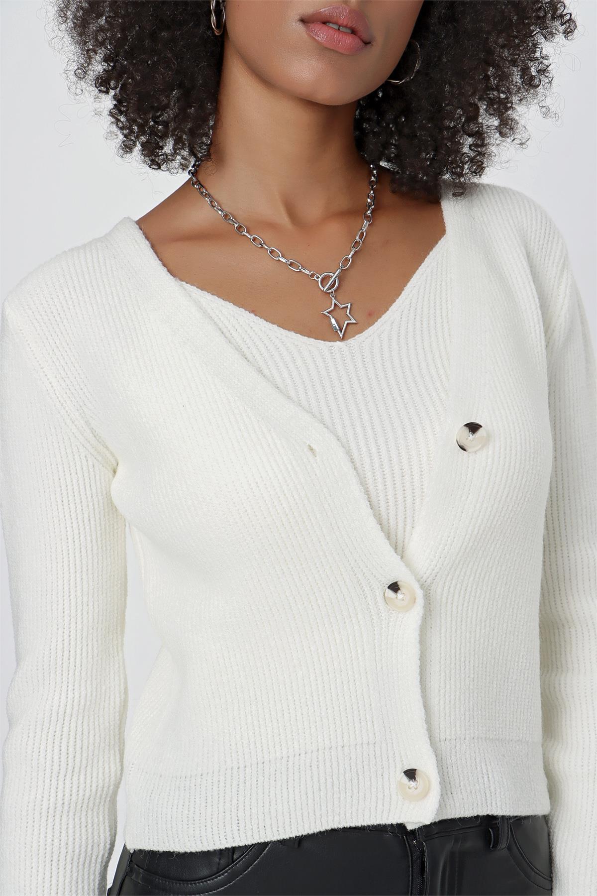 CHUBA Kadın Askılı Atlet - Hırka Melanj İkili Triko Takım Ekru 23W317