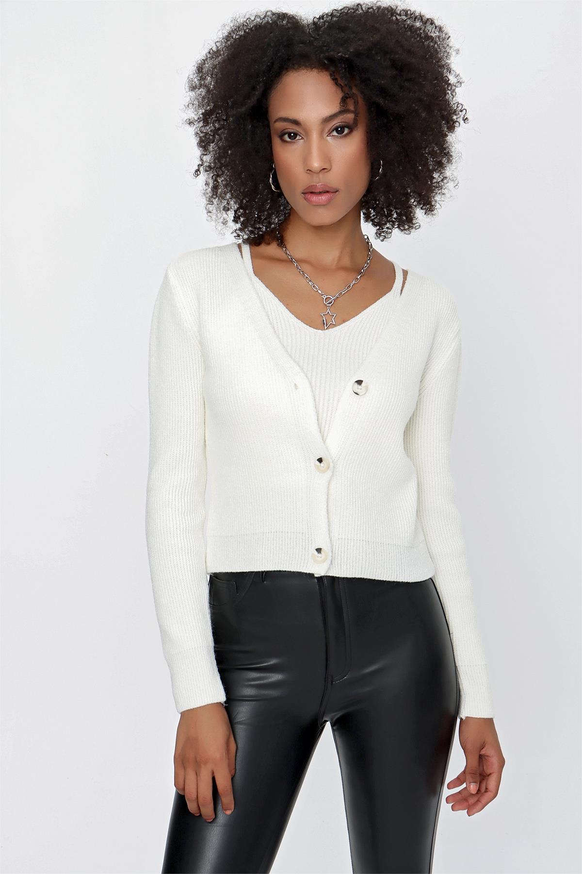 CHUBA Kadın Askılı Atlet - Hırka Melanj İkili Triko Takım Ekru 23W317