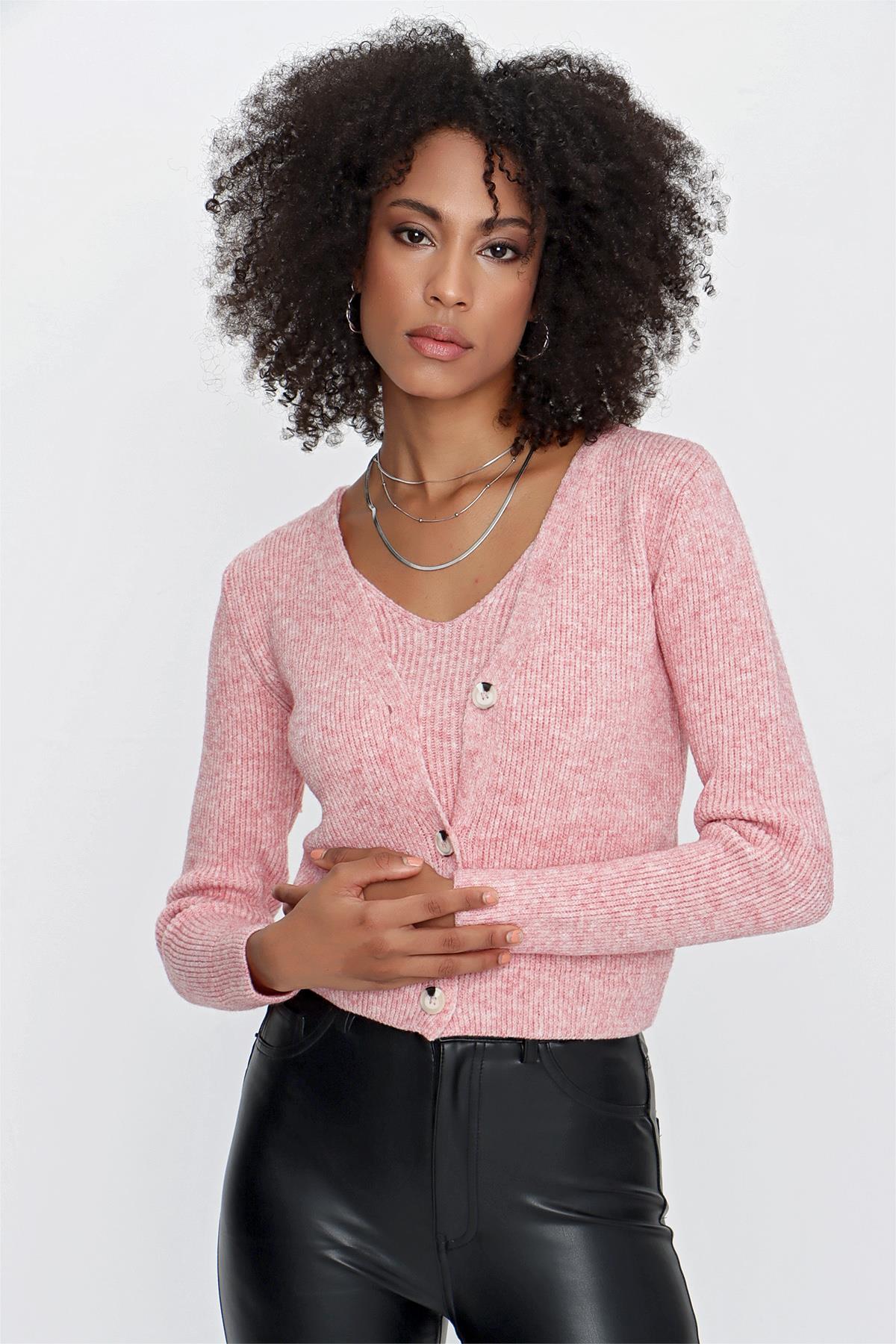 CHUBA Kadın Askılı Atlet - Hırka Melanj İkili Triko Takım Pembe 23W317