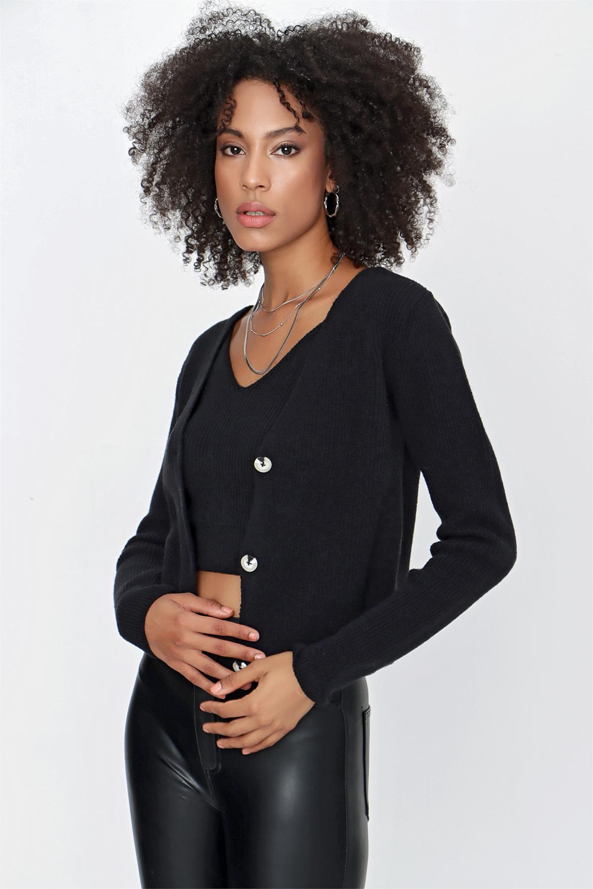 CHUBA Kadın Askılı Atlet - Hırka Melanj İkili Triko Takım Siyah 23W317