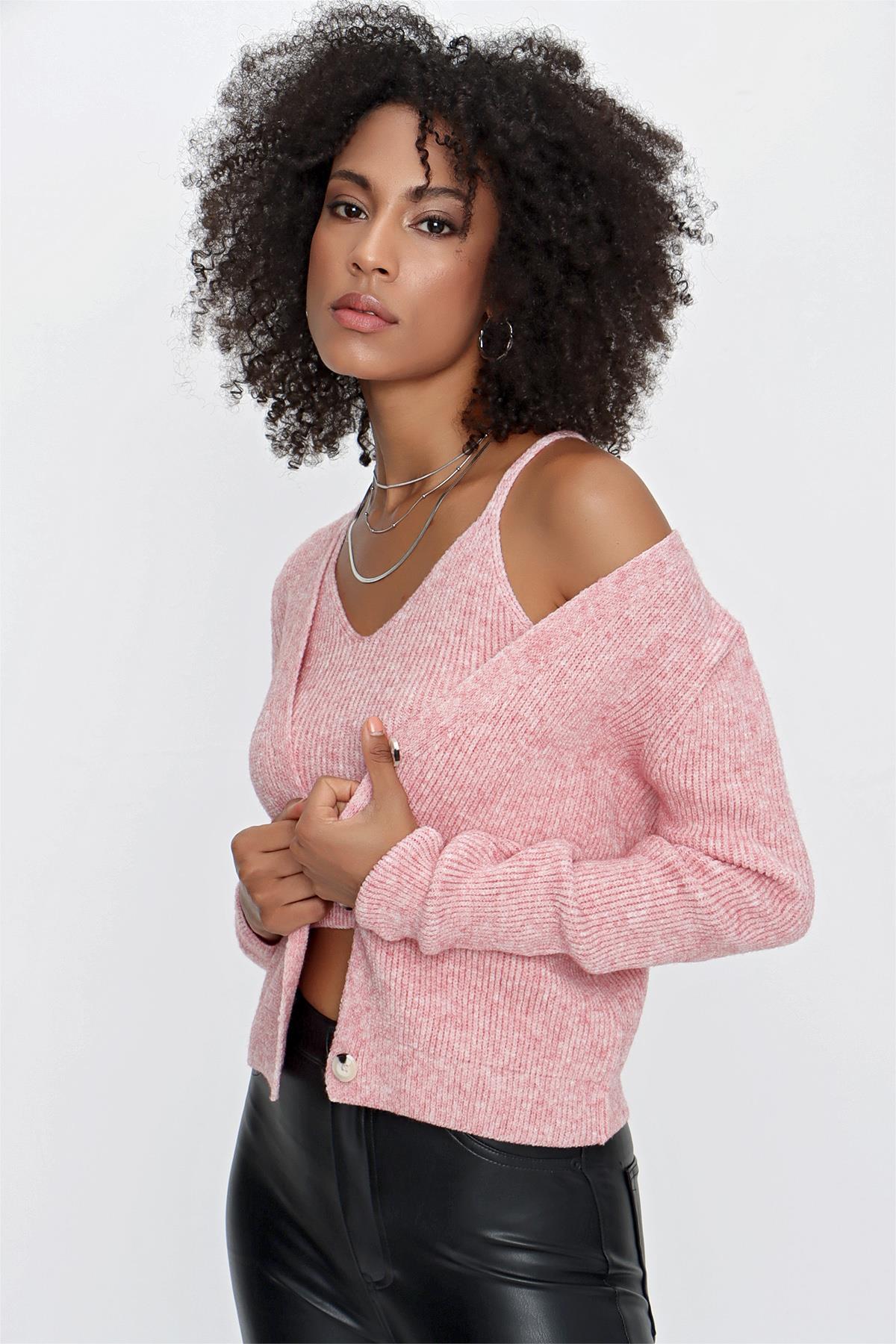 CHUBA Kadın Askılı Atlet - Hırka Melanj İkili Triko Takım Pembe 23W317