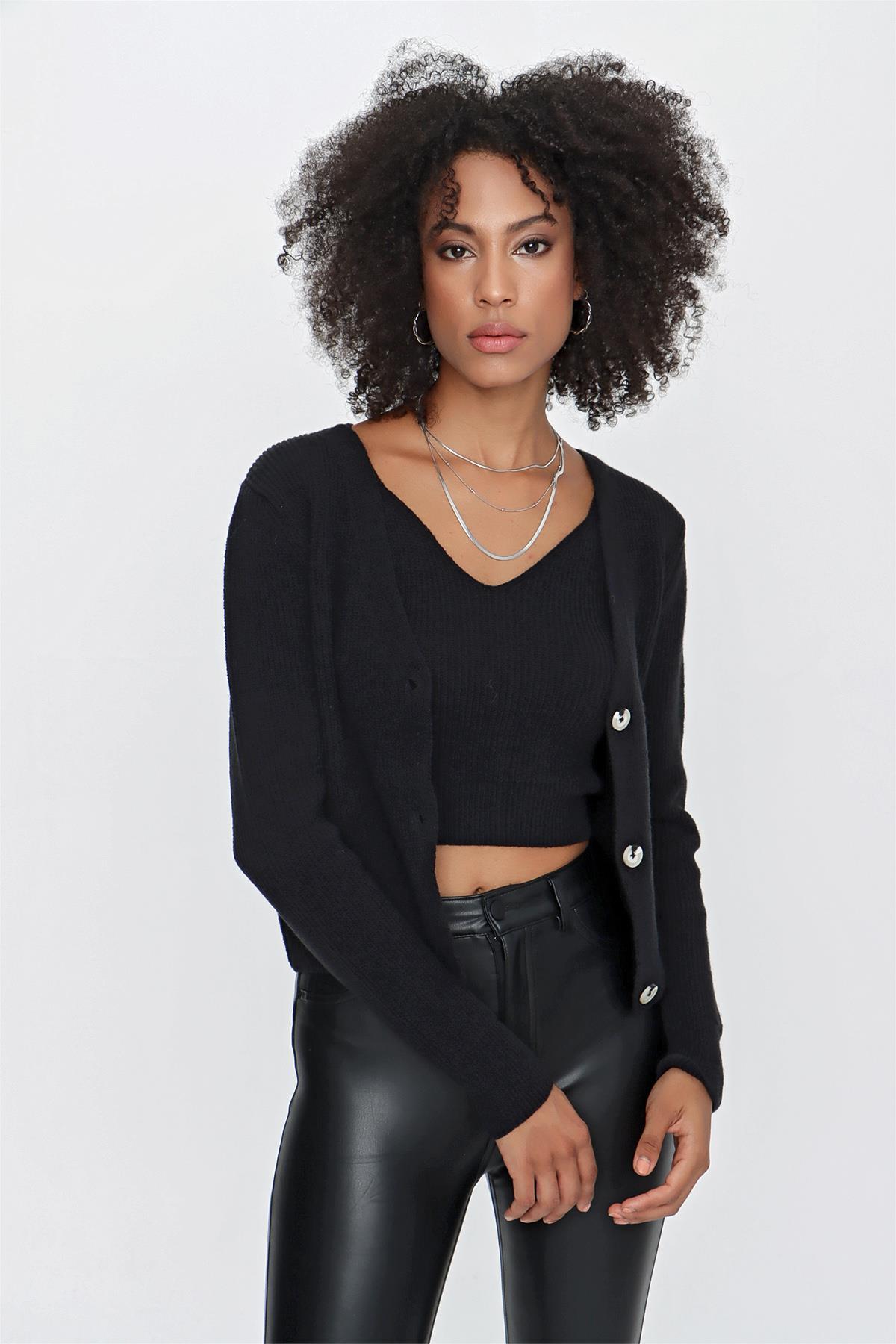 CHUBA Kadın Askılı Atlet - Hırka Melanj İkili Triko Takım Siyah 23W317