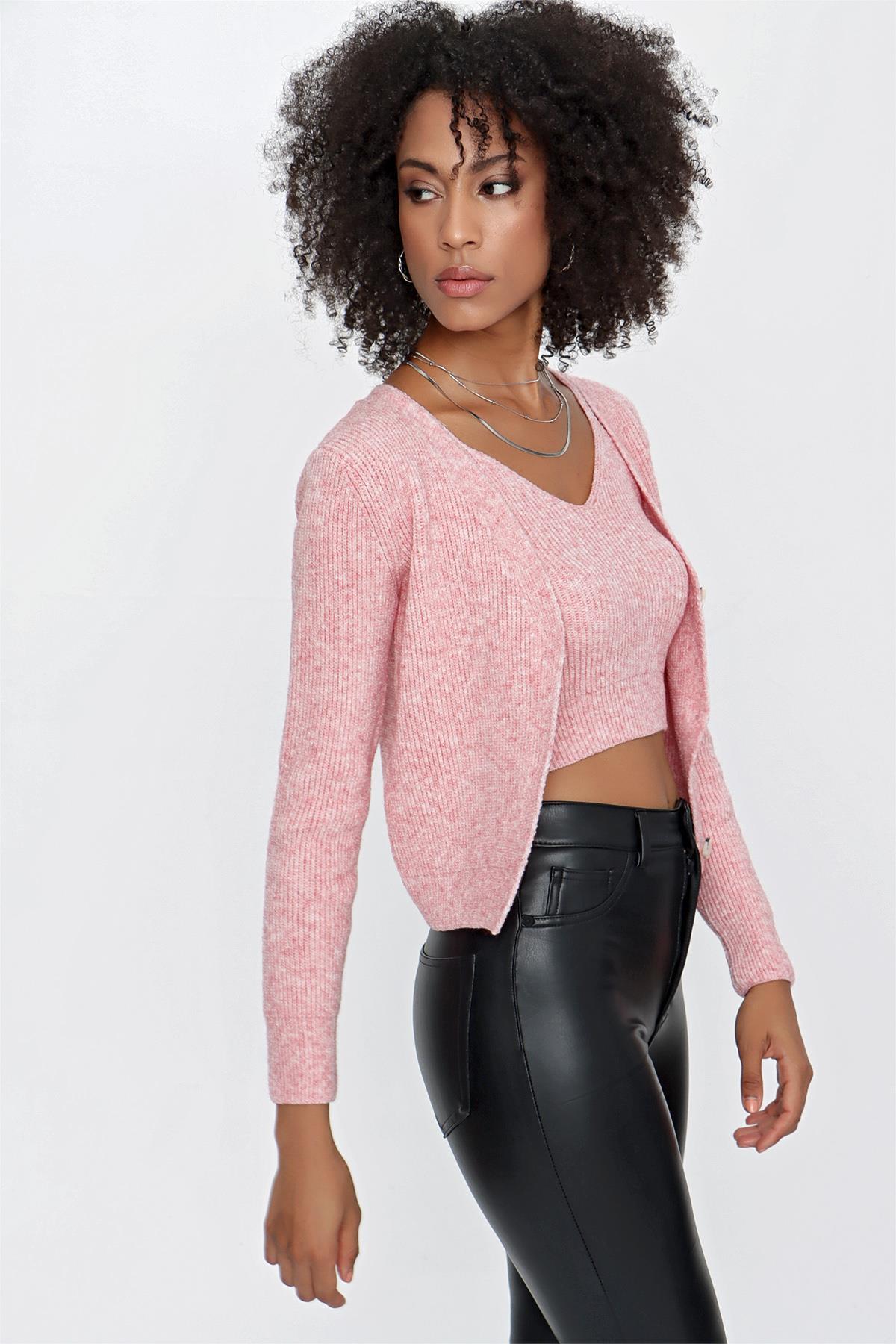 CHUBA Kadın Askılı Atlet - Hırka Melanj İkili Triko Takım Pembe 23W317