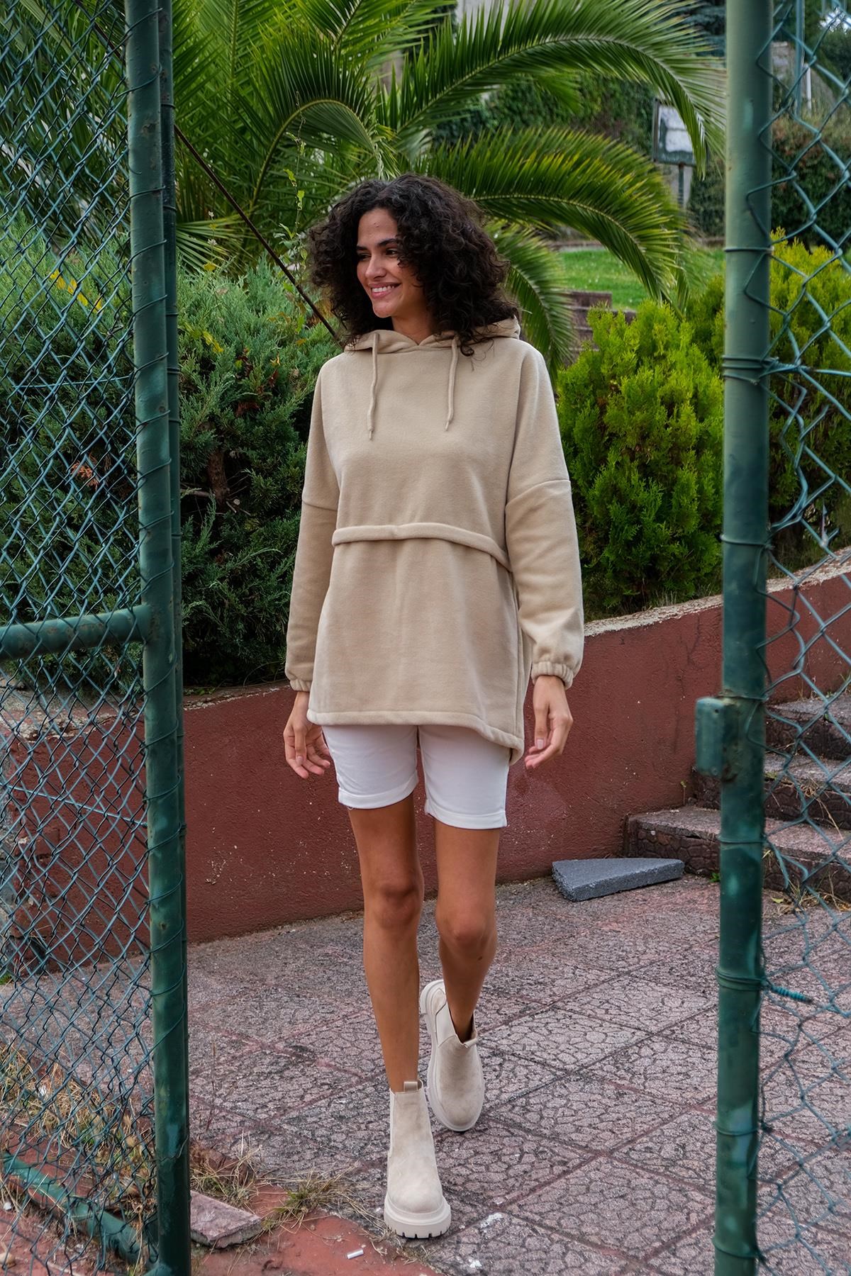 CHUBA Kadın Bej Kapüşonlu Oversize Outdoor Retro Polar Hoodie 22WK299