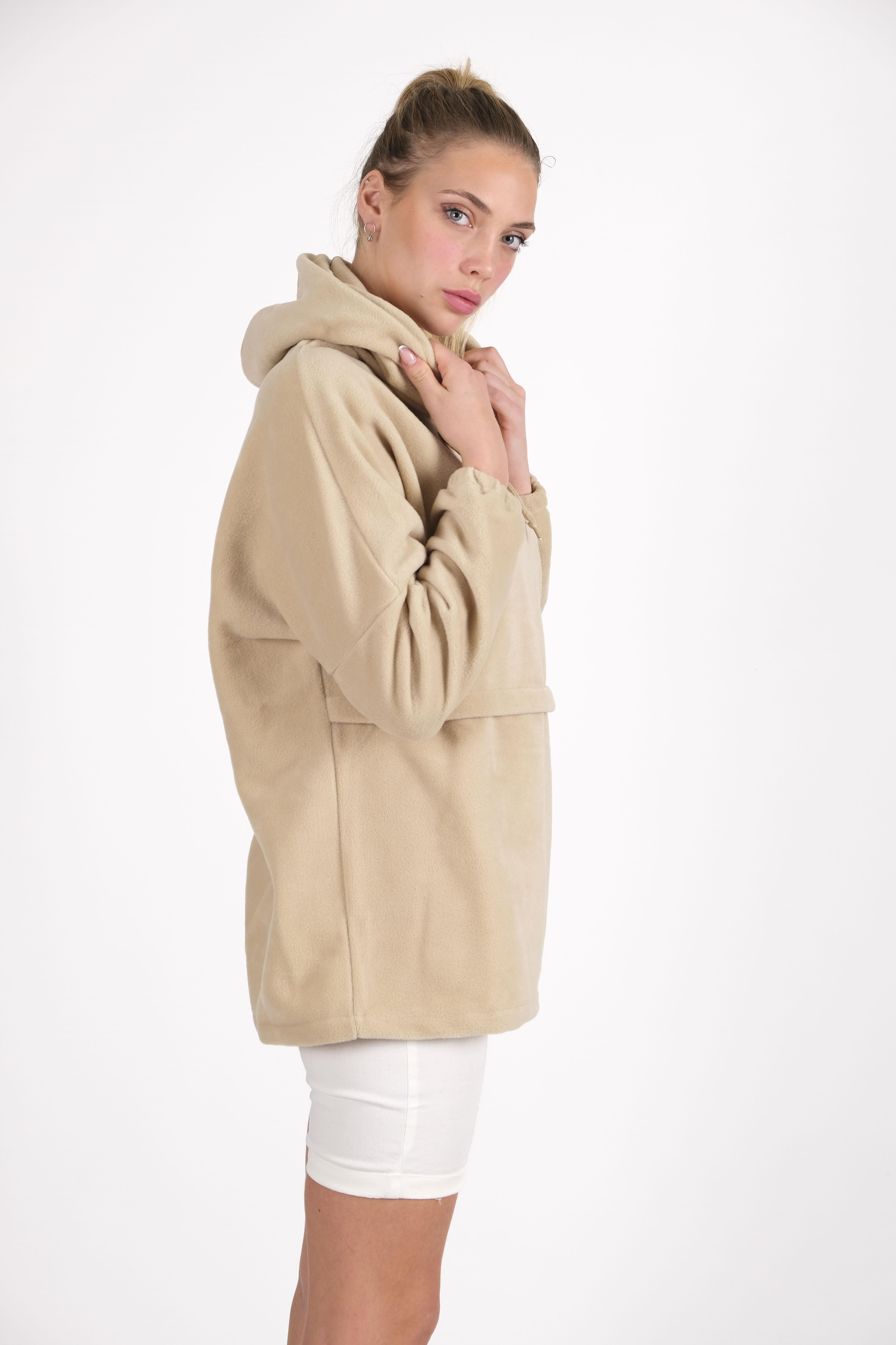 CHUBA Kadın Bej Kapüşonlu Oversize Outdoor Retro Polar Hoodie 22WK299