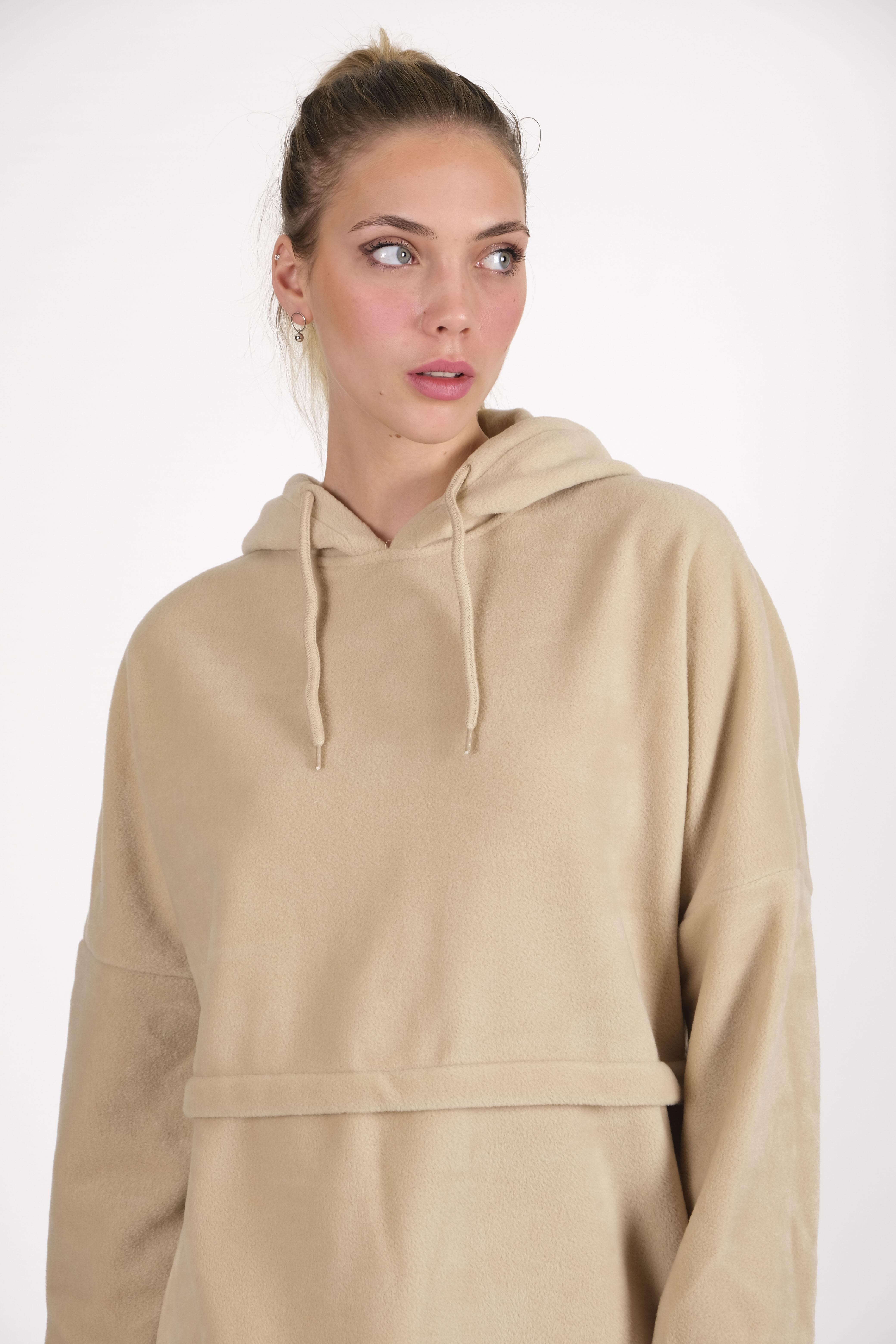 CHUBA Kadın Bej Kapüşonlu Oversize Outdoor Retro Polar Hoodie 22WK299
