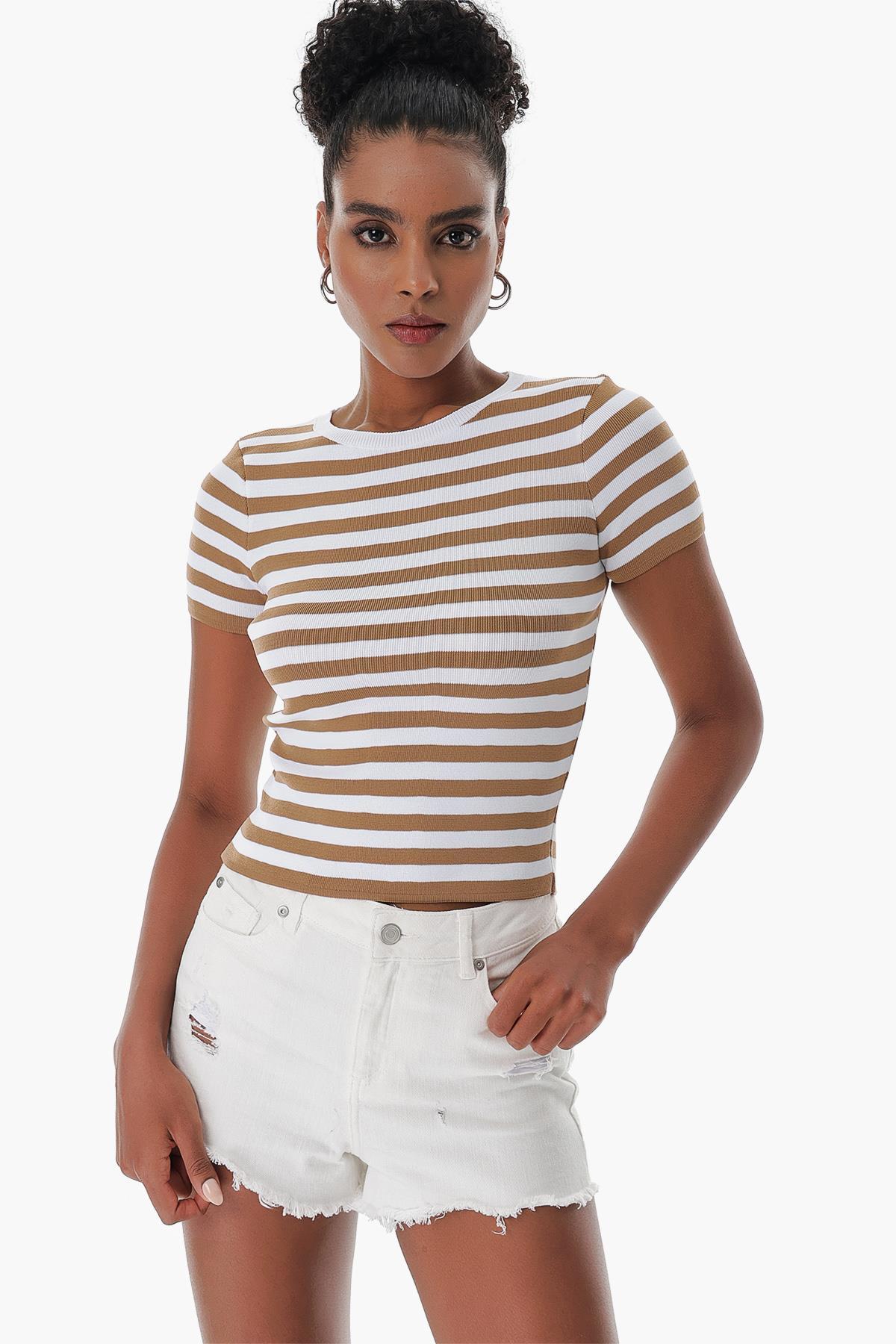 Chuba Kadın Bisiklet Yaka Çizgili Kısa Kollu Triko T-Shirt Taba-Beyaz 23S1011
