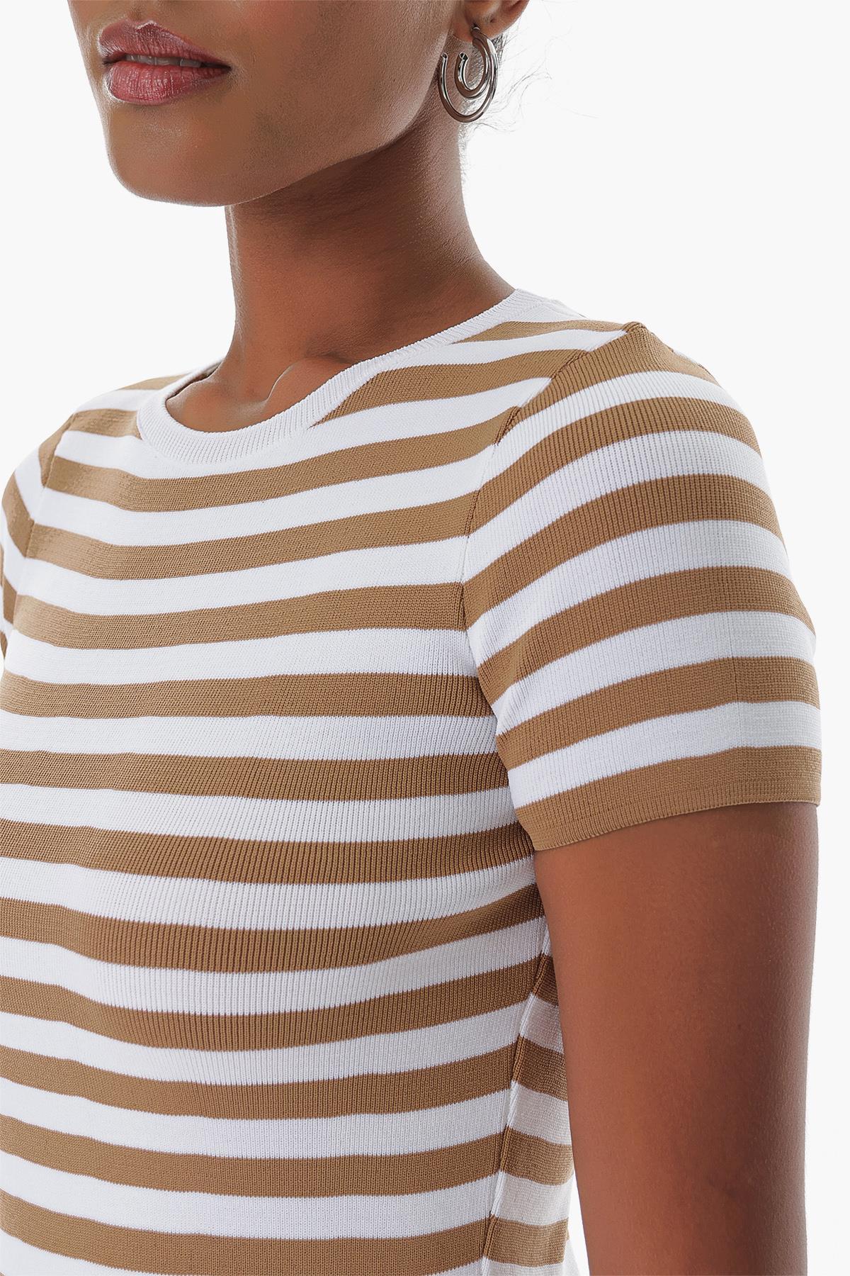 Chuba Kadın Bisiklet Yaka Çizgili Kısa Kollu Triko T-Shirt Taba-Beyaz 23S1011