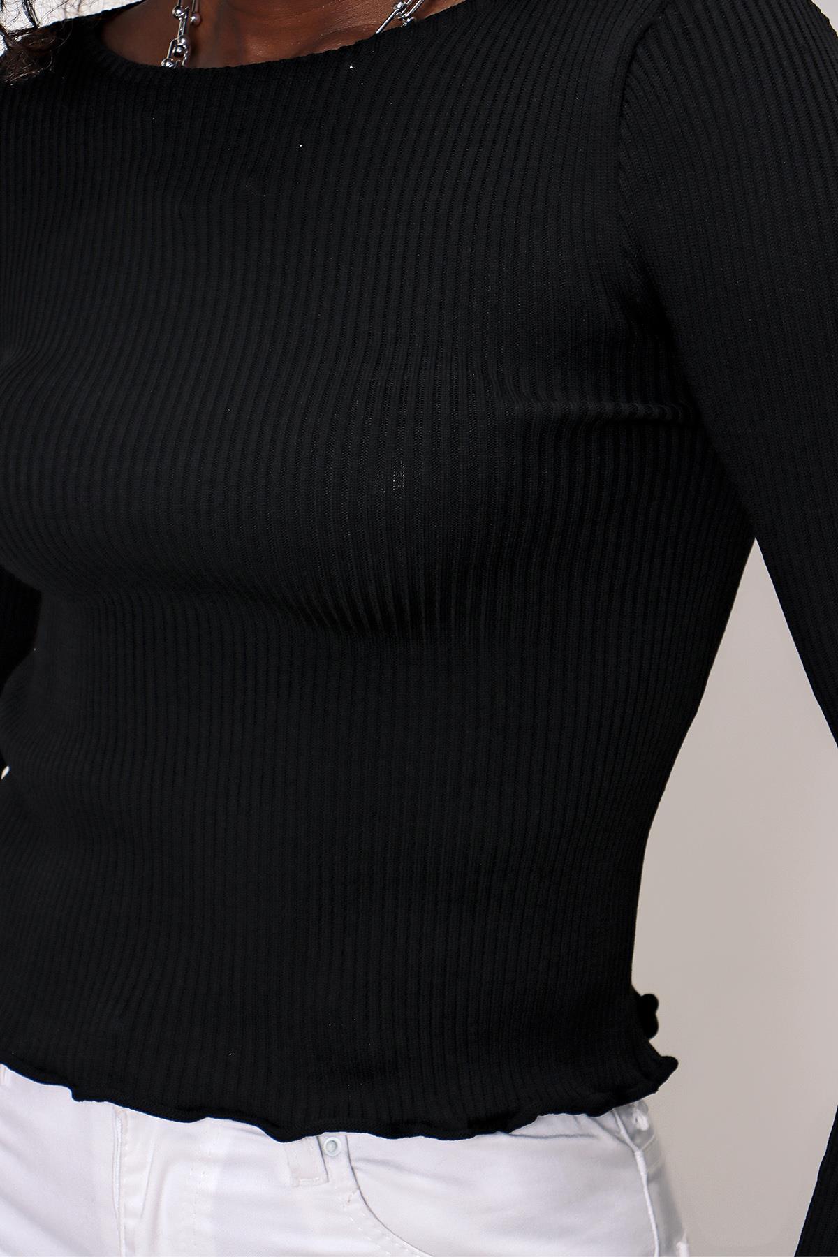 Chuba Kadın Bisiklet Yaka Fırfırlı İnce Triko Kazak Siyah 22SW305