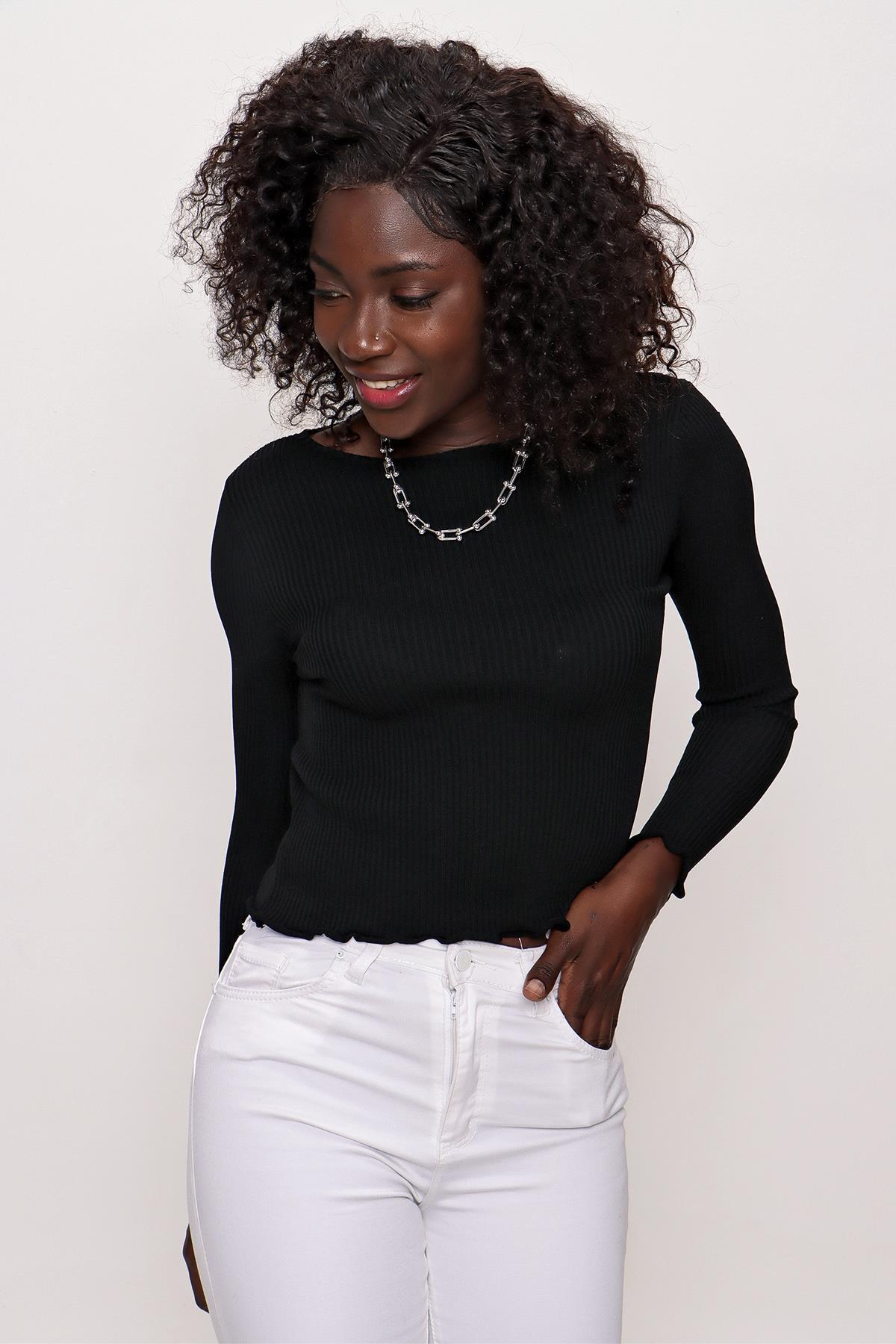 Chuba Kadın Bisiklet Yaka Fırfırlı İnce Triko Kazak Siyah 22SW305