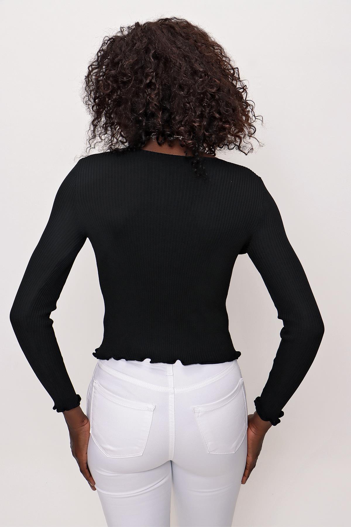 Chuba Kadın Bisiklet Yaka Fırfırlı İnce Triko Kazak Siyah 22SW305