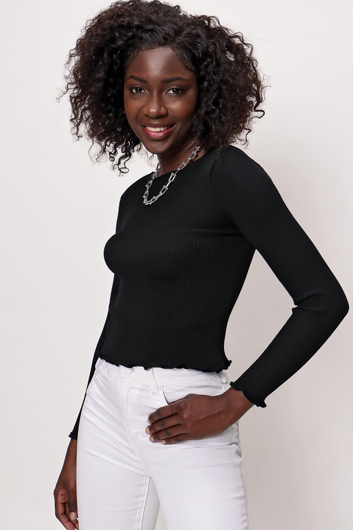 Chuba Kadın Bisiklet Yaka Fırfırlı İnce Triko Kazak Siyah 22SW305