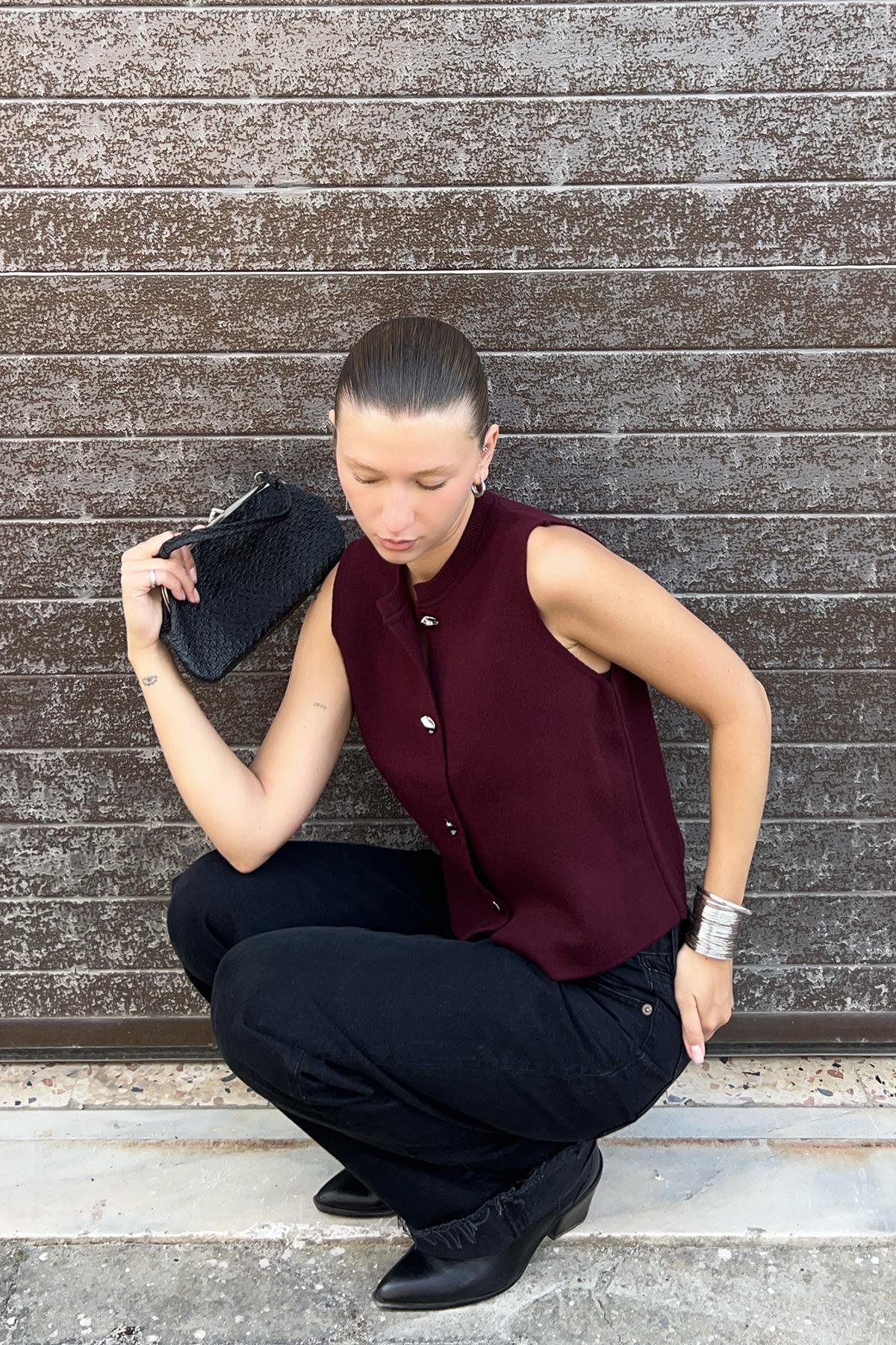 Chuba Kadın Bisiklet Yaka Gümüş Düğme Aksesuarlı Triko Yelek Bordo 26W3035