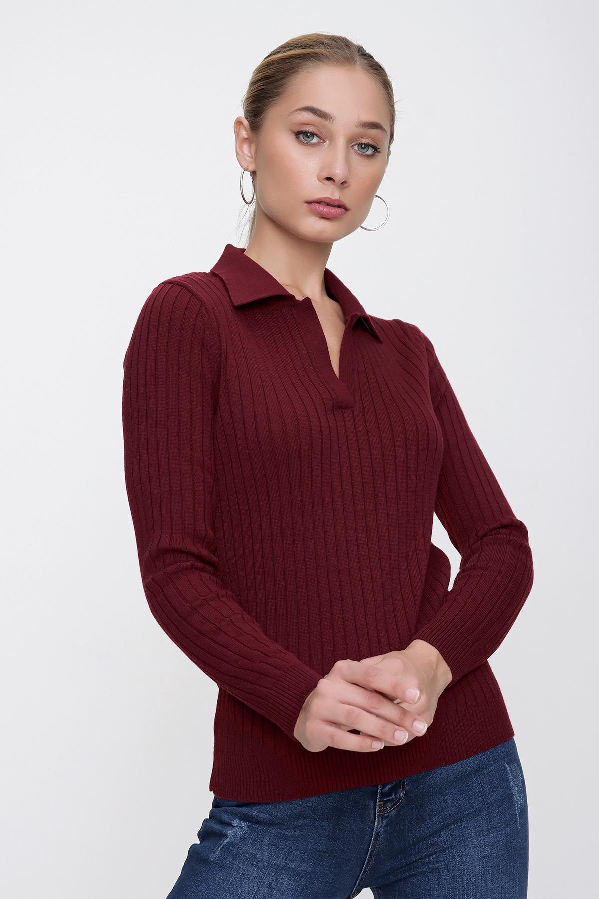 Chuba Kadın Bordo Polo Yaka Rahat Kalıp Fitilli İnce Triko Kazak 22WK203