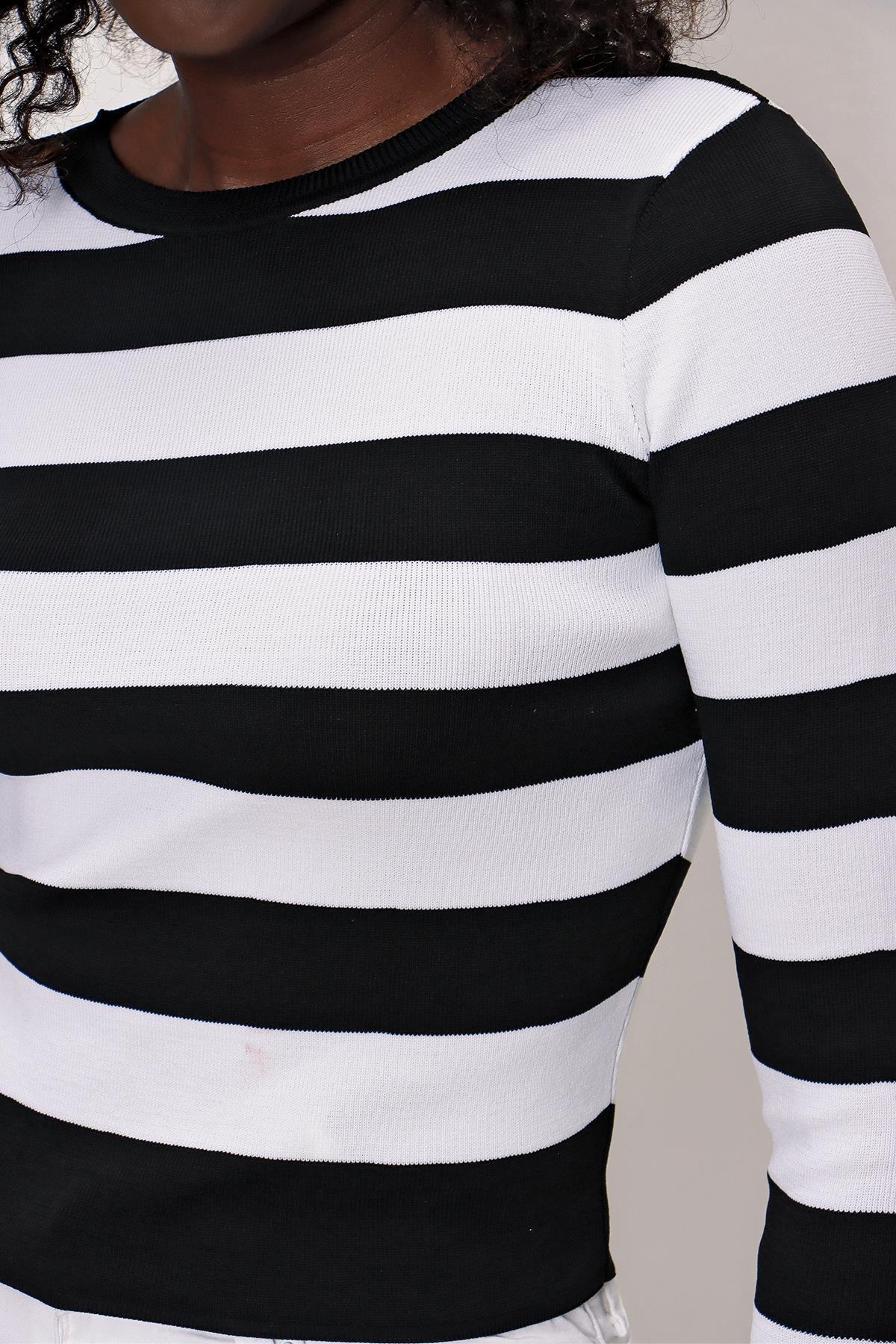Chuba Kadın Çizgili Bisiklet Yaka Triko Kazak Siyah-Beyaz 22SW301