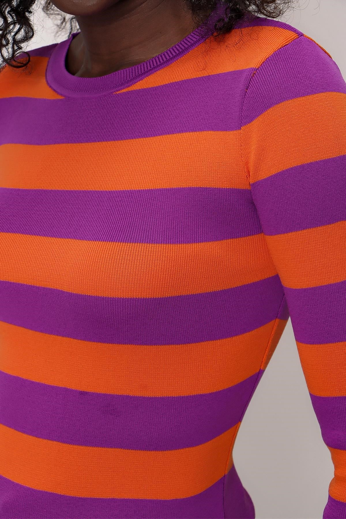 Chuba Kadın Çizgili Bisiklet Yaka Triko Kazak Mor-Turuncu 22SW301