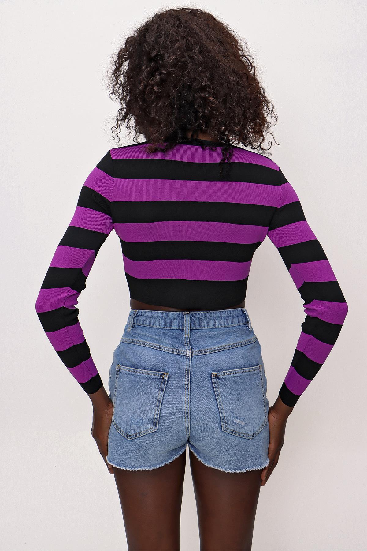 Chuba Kadın Çizgili Triko Crop Top Siyah-Mor 22SW303
