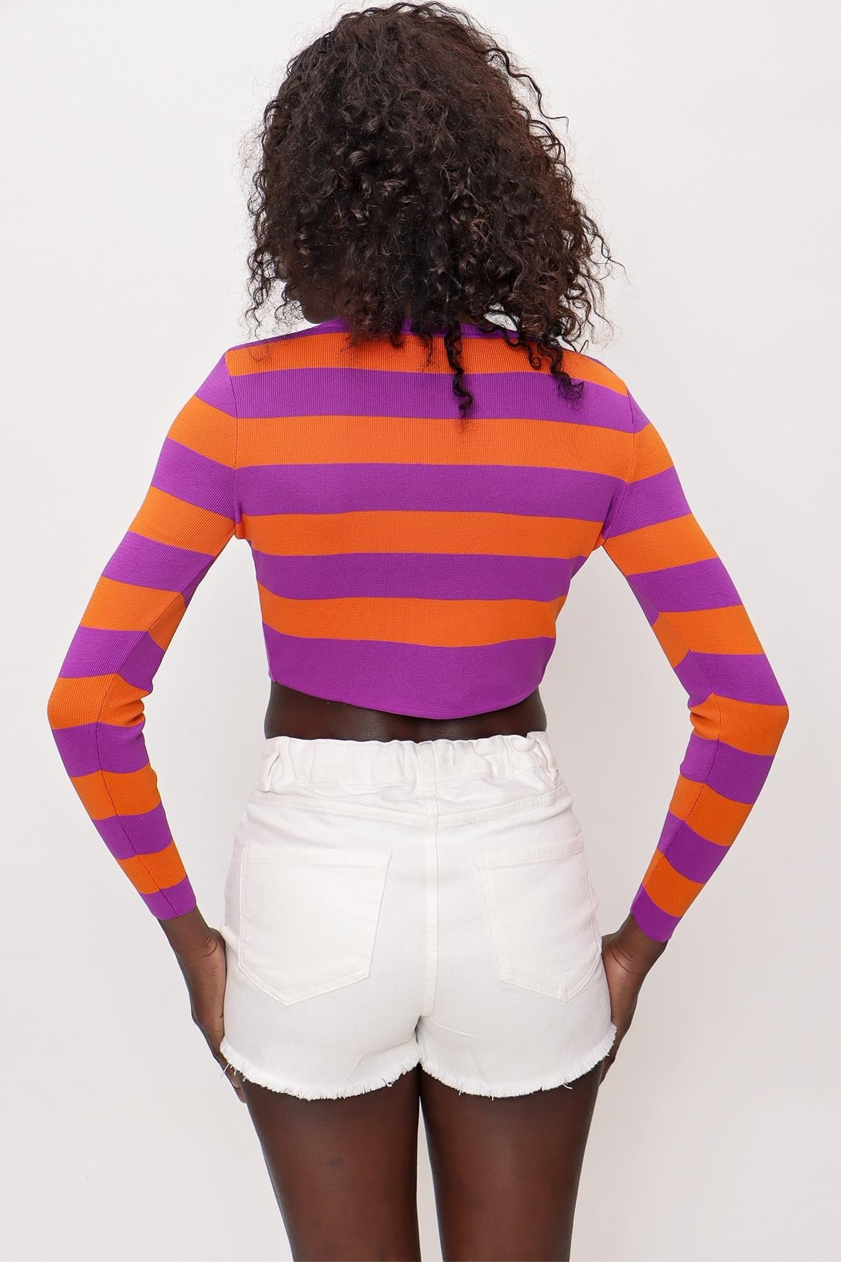 Chuba Kadın Çizgili Triko Crop Top Mor-Turuncu 22SW303