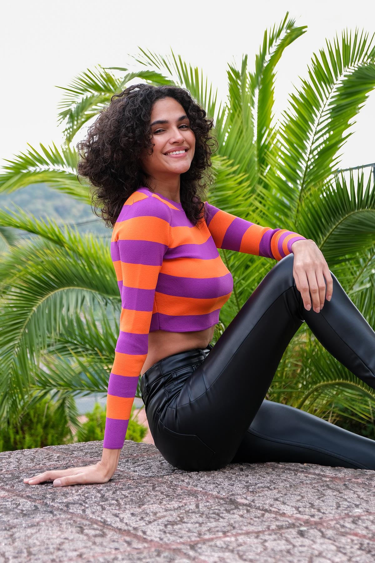 Chuba Kadın Çizgili Triko Crop Top Mor-Turuncu 22SW303