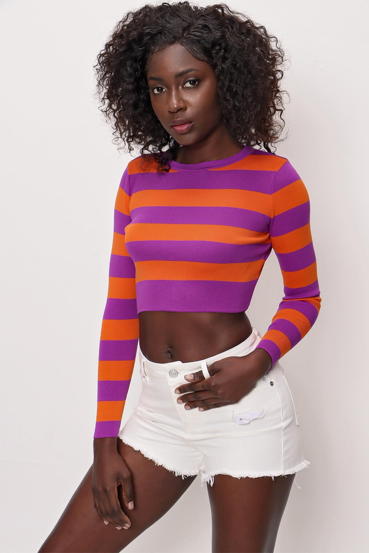 Chuba Kadın Çizgili Triko Crop Top Mor-Turuncu 22SW303