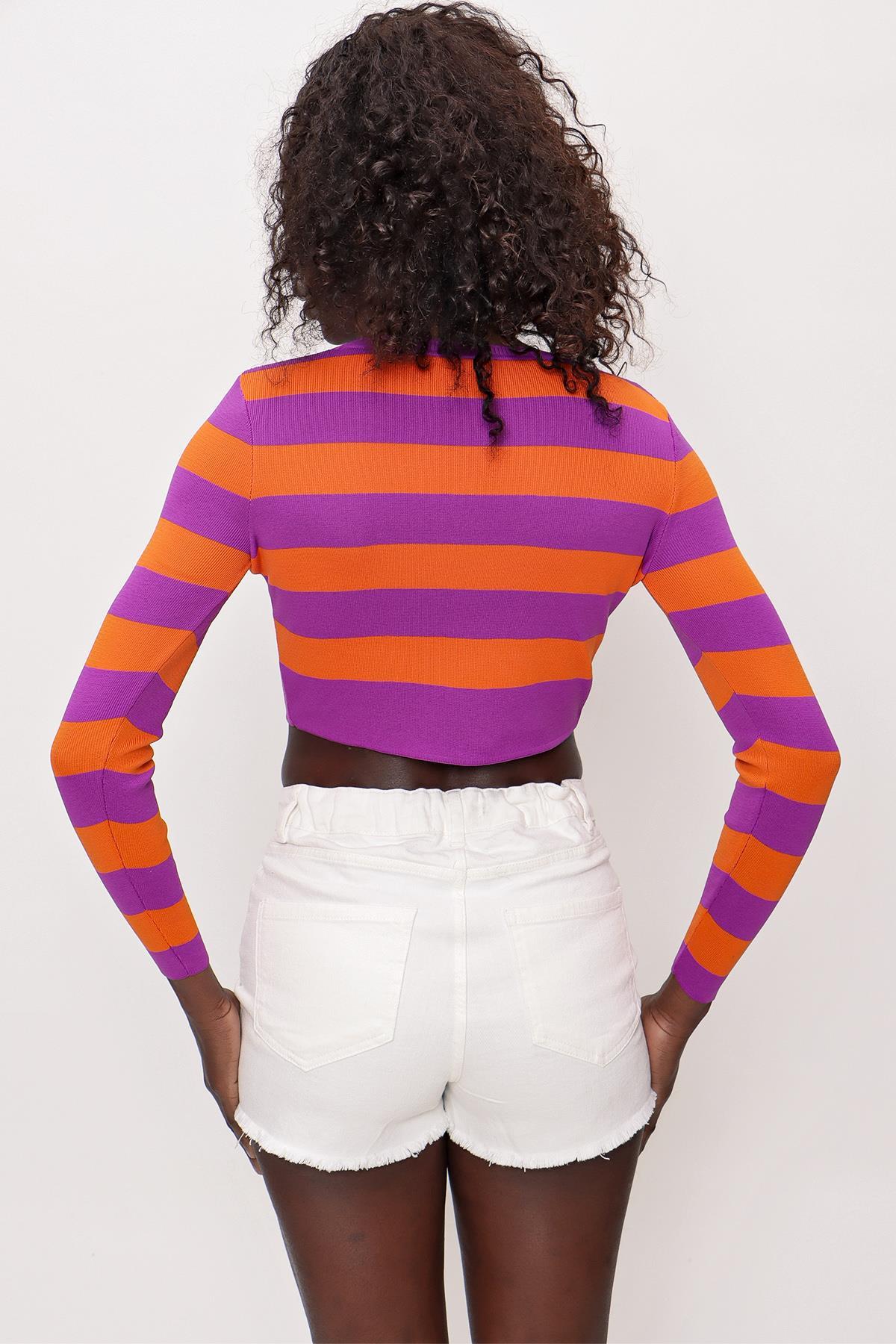 Chuba Kadın Çizgili Triko Crop Top Mor-Turuncu 22SW303